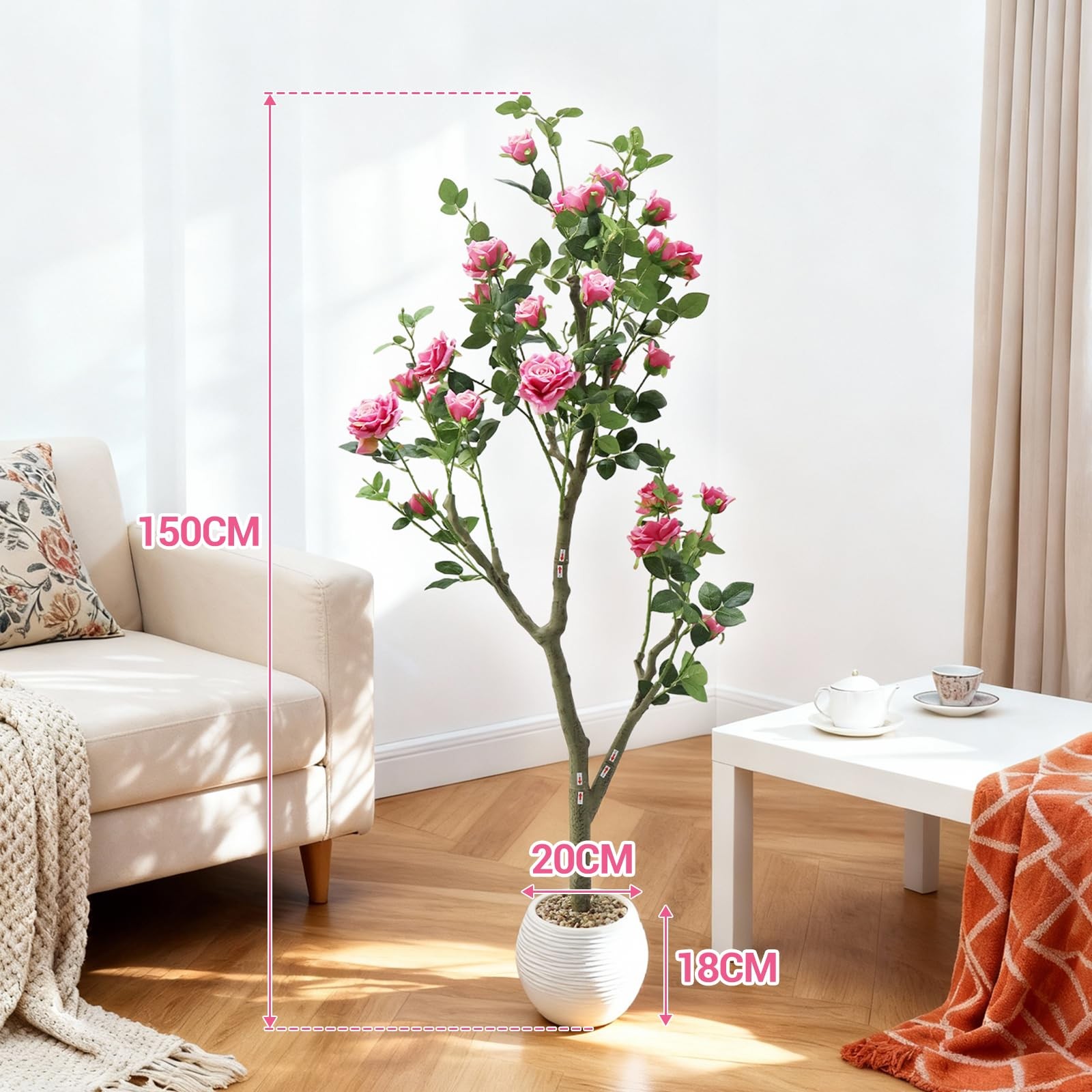Elegant Artificial Rose Tree 150cm in Pot, Faux Flowers for Home & Office Decor