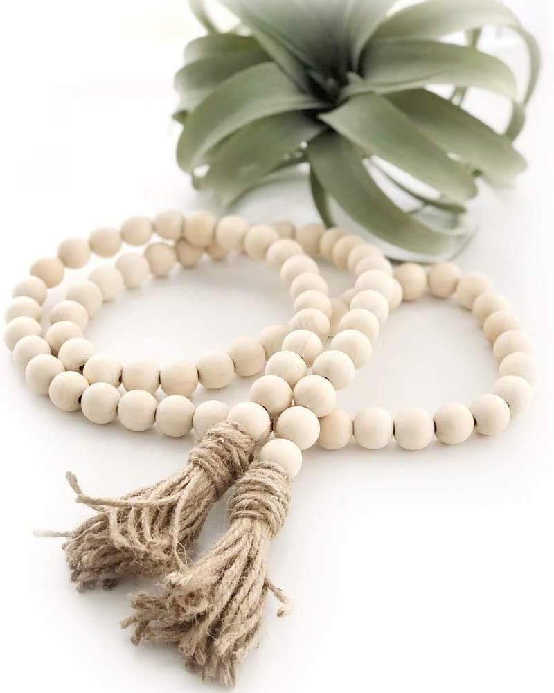 60″ Farmhouse Wood Bead Garland with Tassels Rustic Boho Tiered Tray Decor