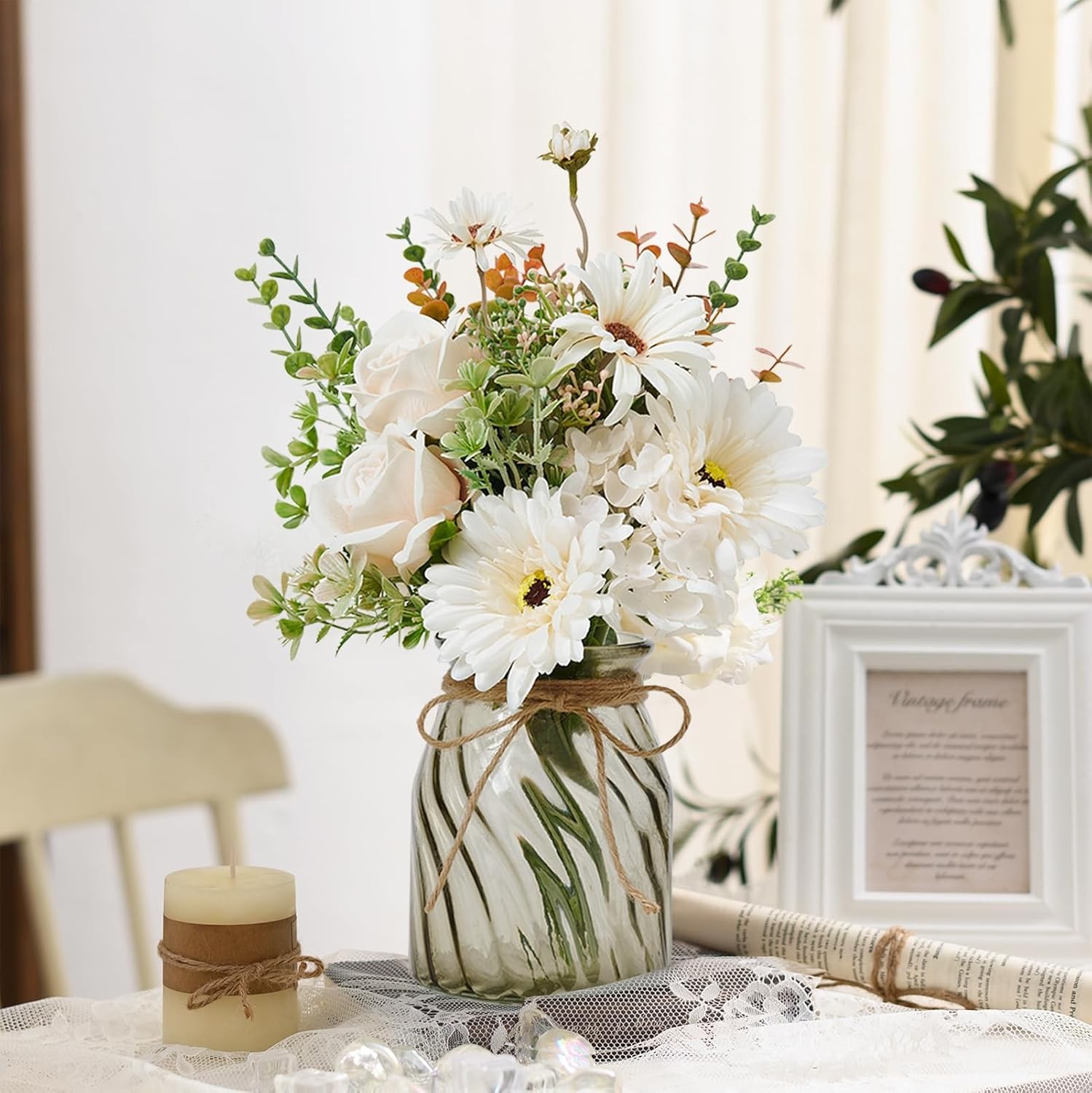Fake Flowers Artificial Daisy Rose with Vase, Faux Silk Flowers Fake Plant De…
