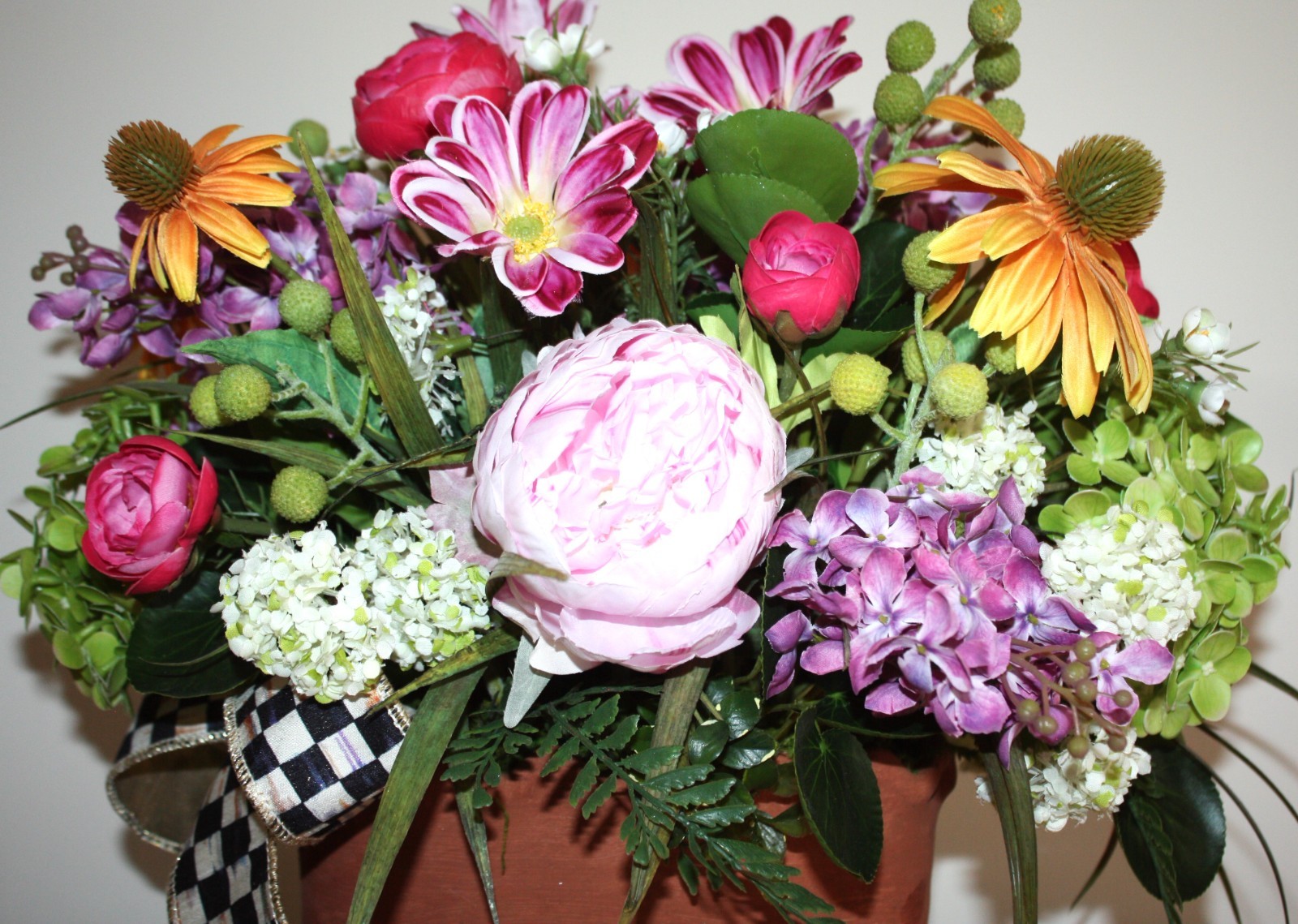 Beautiful Floral Arrangement In Terracotta Planter With Mackenzie Childs Bow!