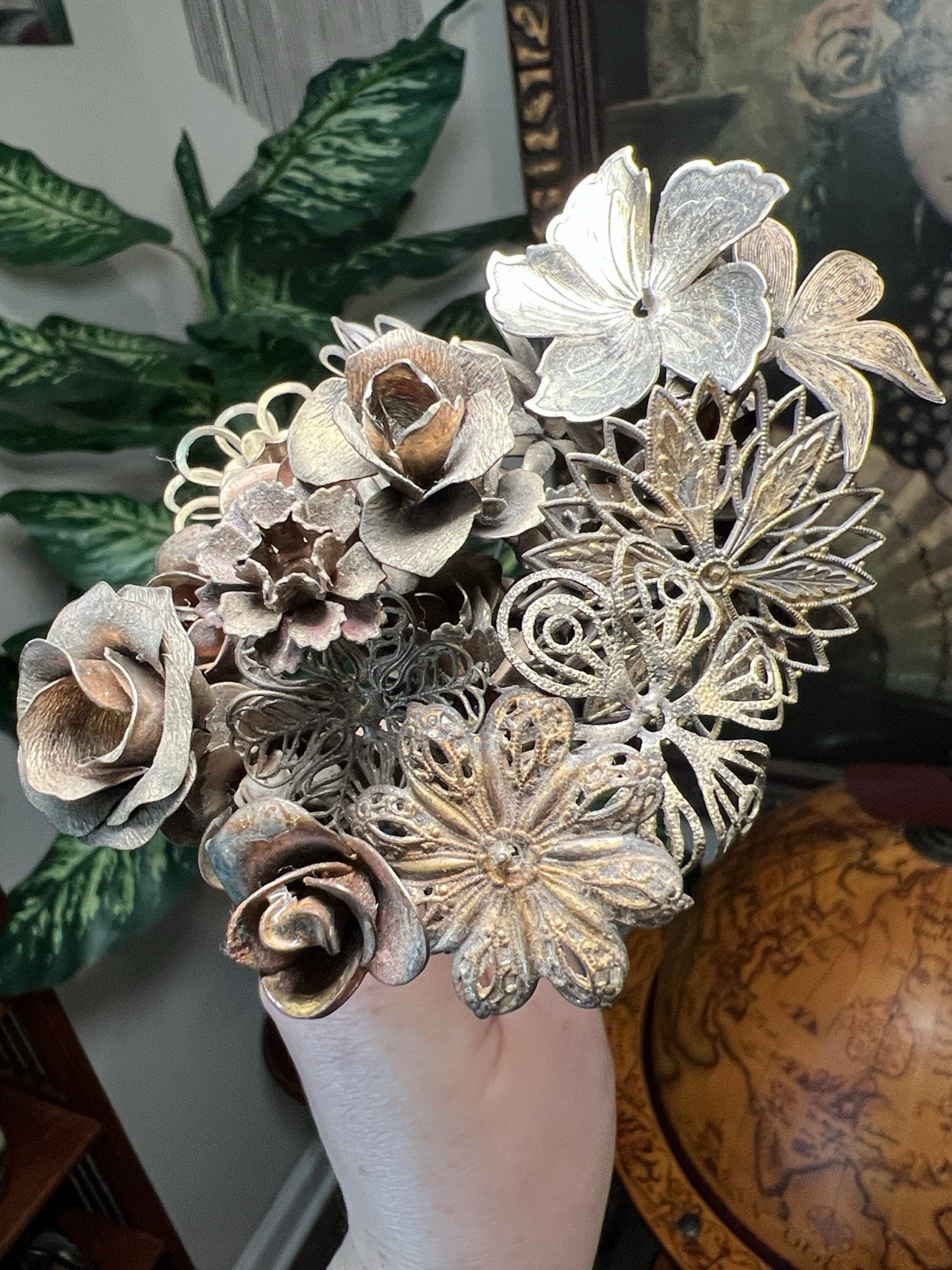 VTG Antique Metal Filigree Openwork Flowers Bouquet Stems Millinery Bridal Craft