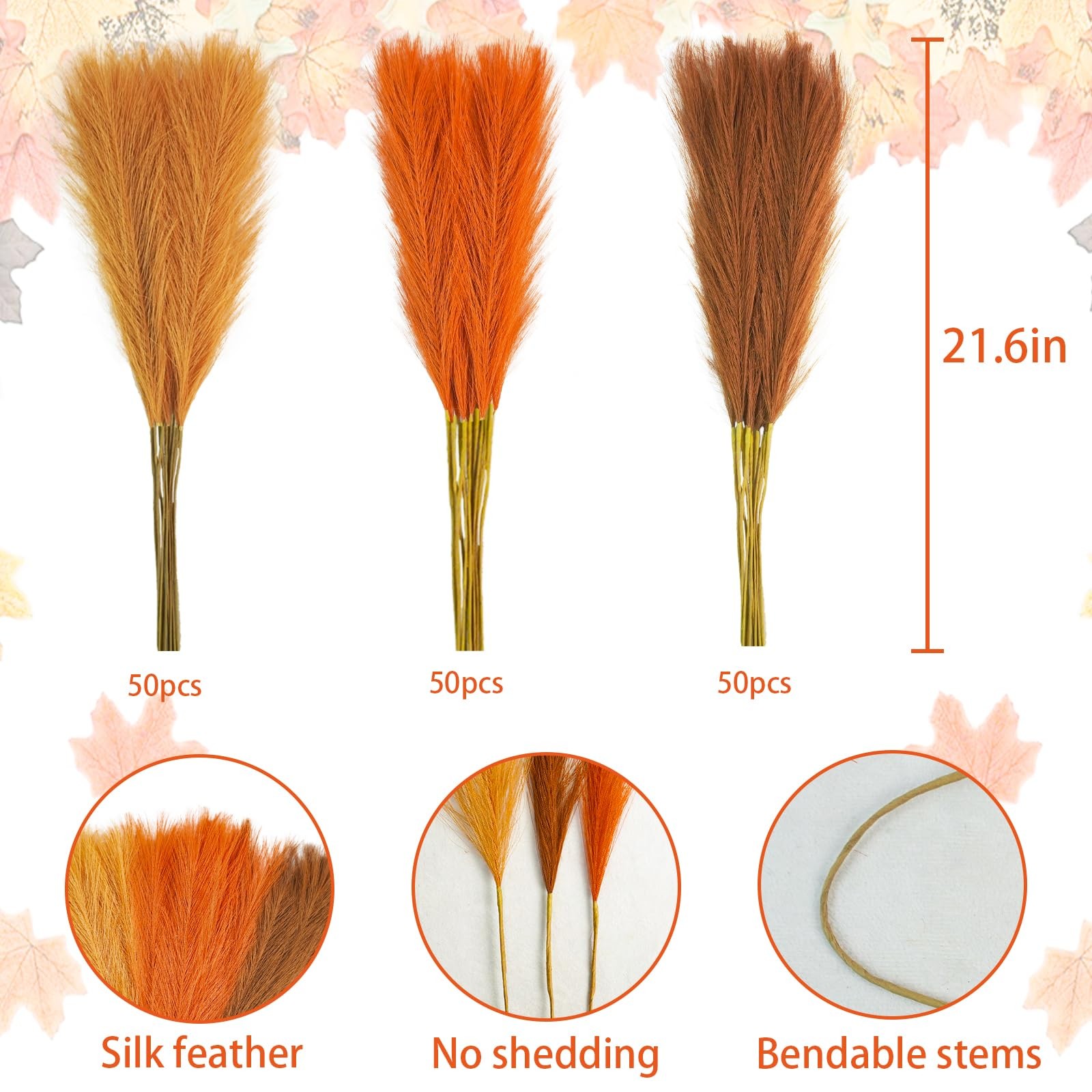 150pcs Orange Pampas Grass, 21.6in Fluffy Faux Colored Pompas Grass Short Art…