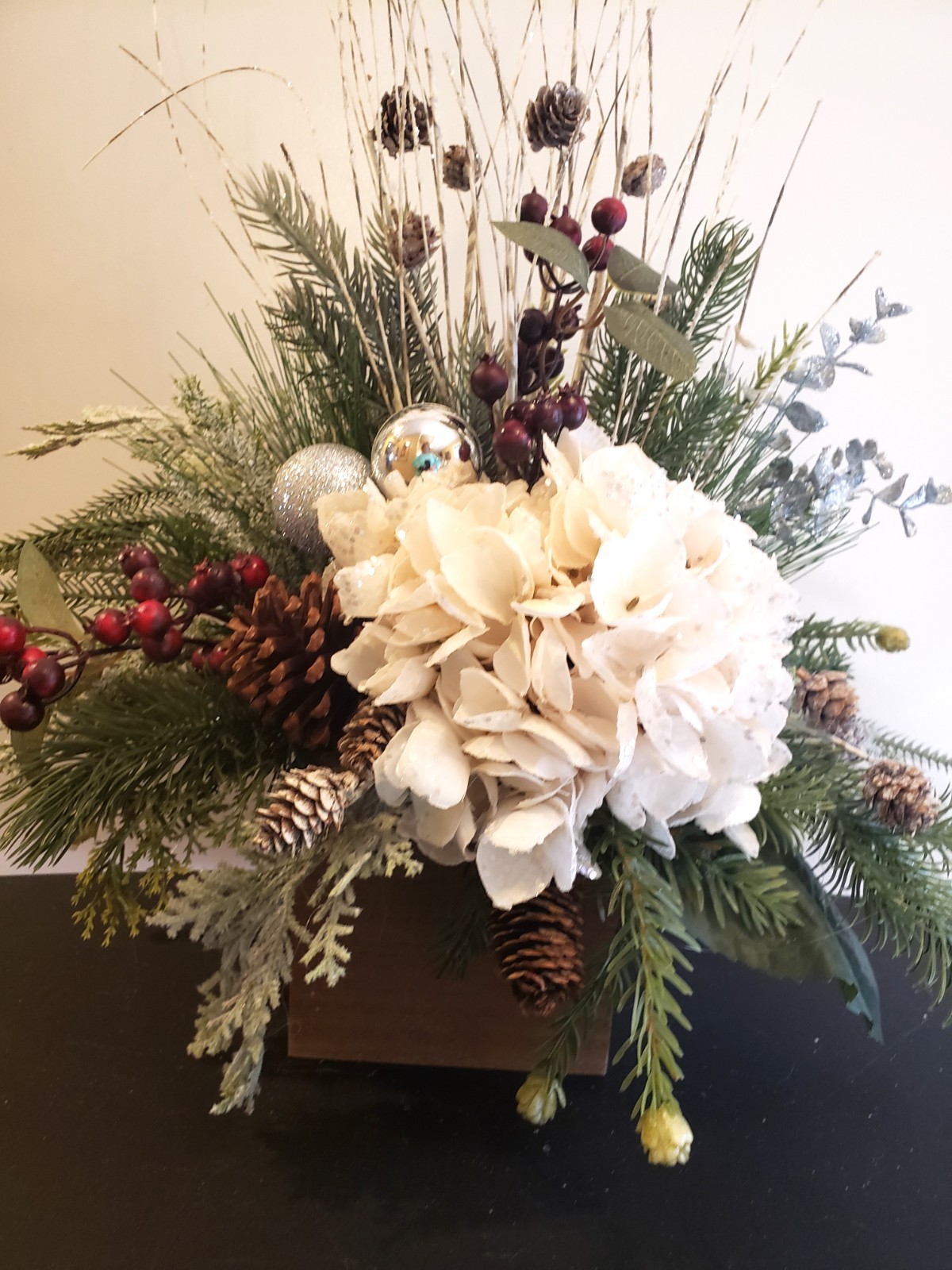 Cream Hydrangea Christmas Arrangement, Rustic Farmhouse Evergreen Decor