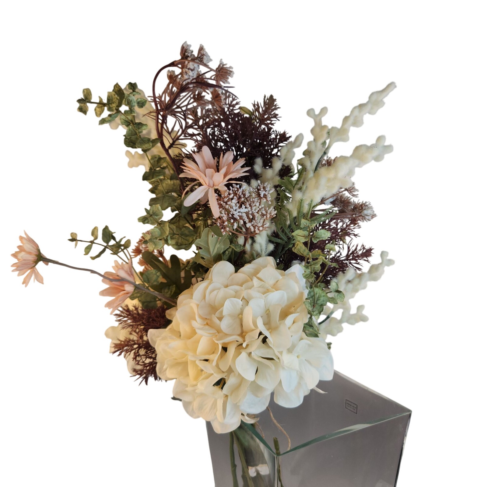 Artificial Floral Arrangement Beige Hydrangea & Cream Mum Bouquet Hand Tied