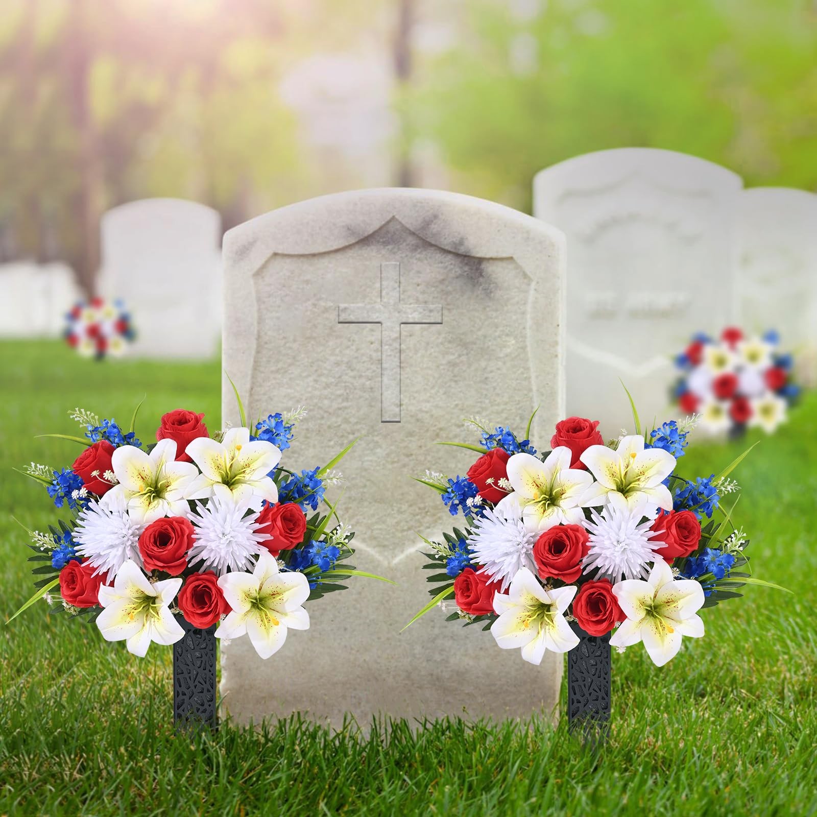 2 Sets Artificial Cemetery Flowers for Grave, Artificial Grave Flowers Memori