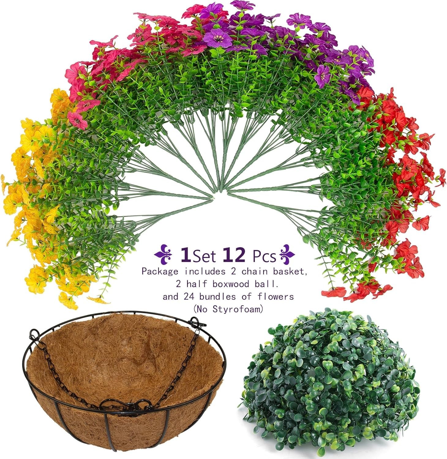 Realistic Silk Daisy Flowers in 2 Hanging Planters – 24 Pcs