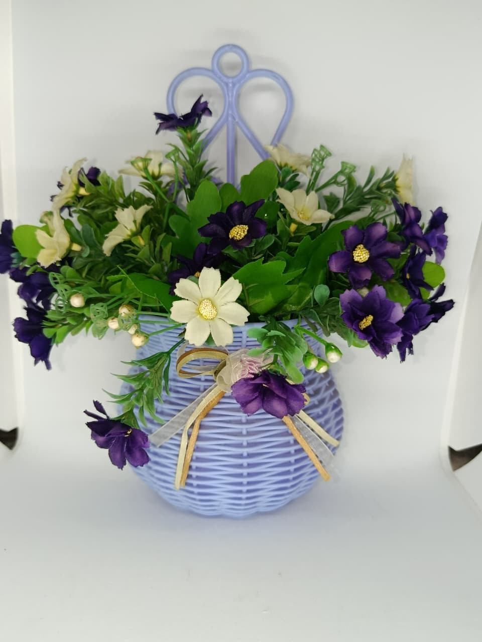 Wall Hanging Flower Basket Artificial Purple Flowers Home Decor Woven Planter