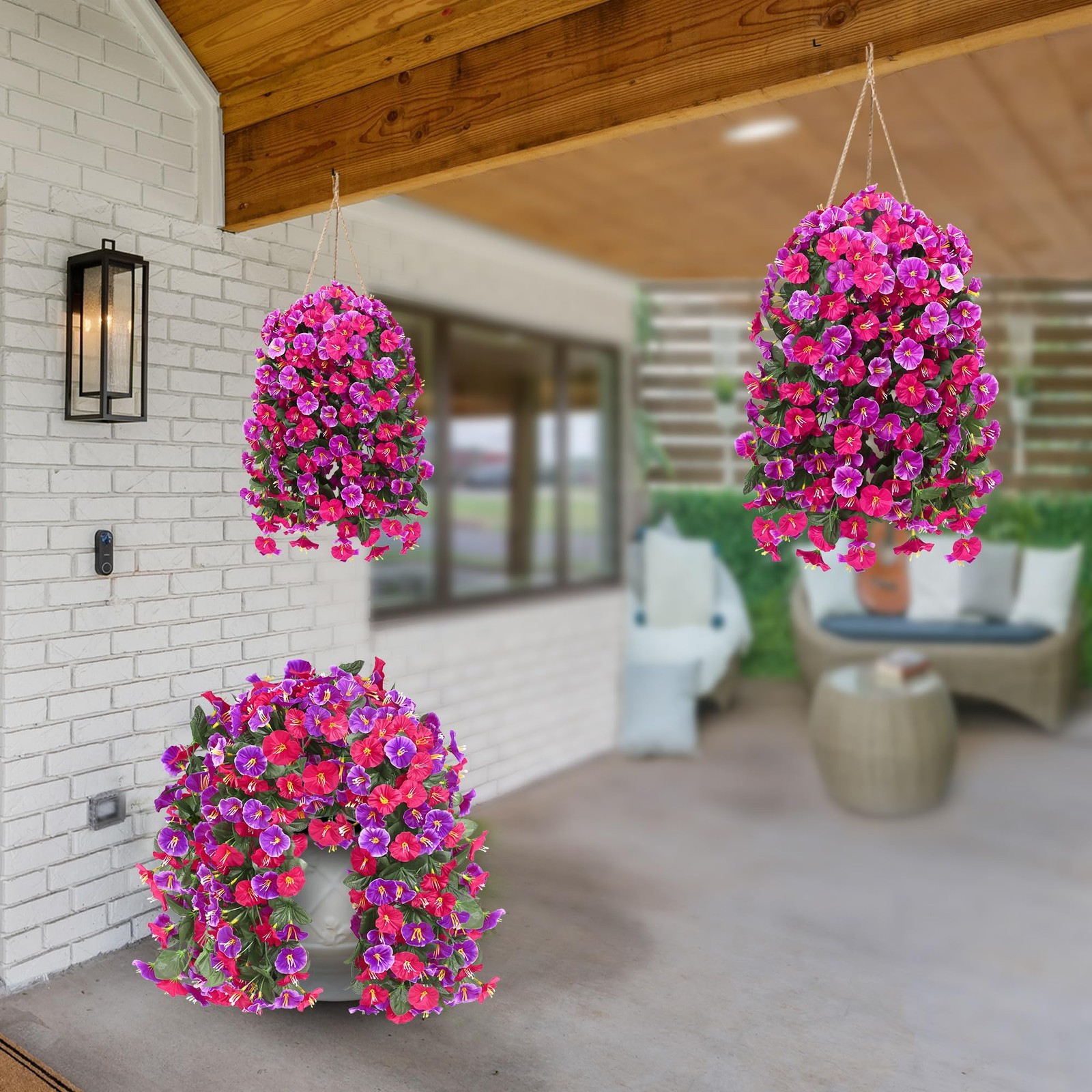 4PCArtificial Hanging Flowers Outdoor UVResistant Morning Glory Rose Red Magenta