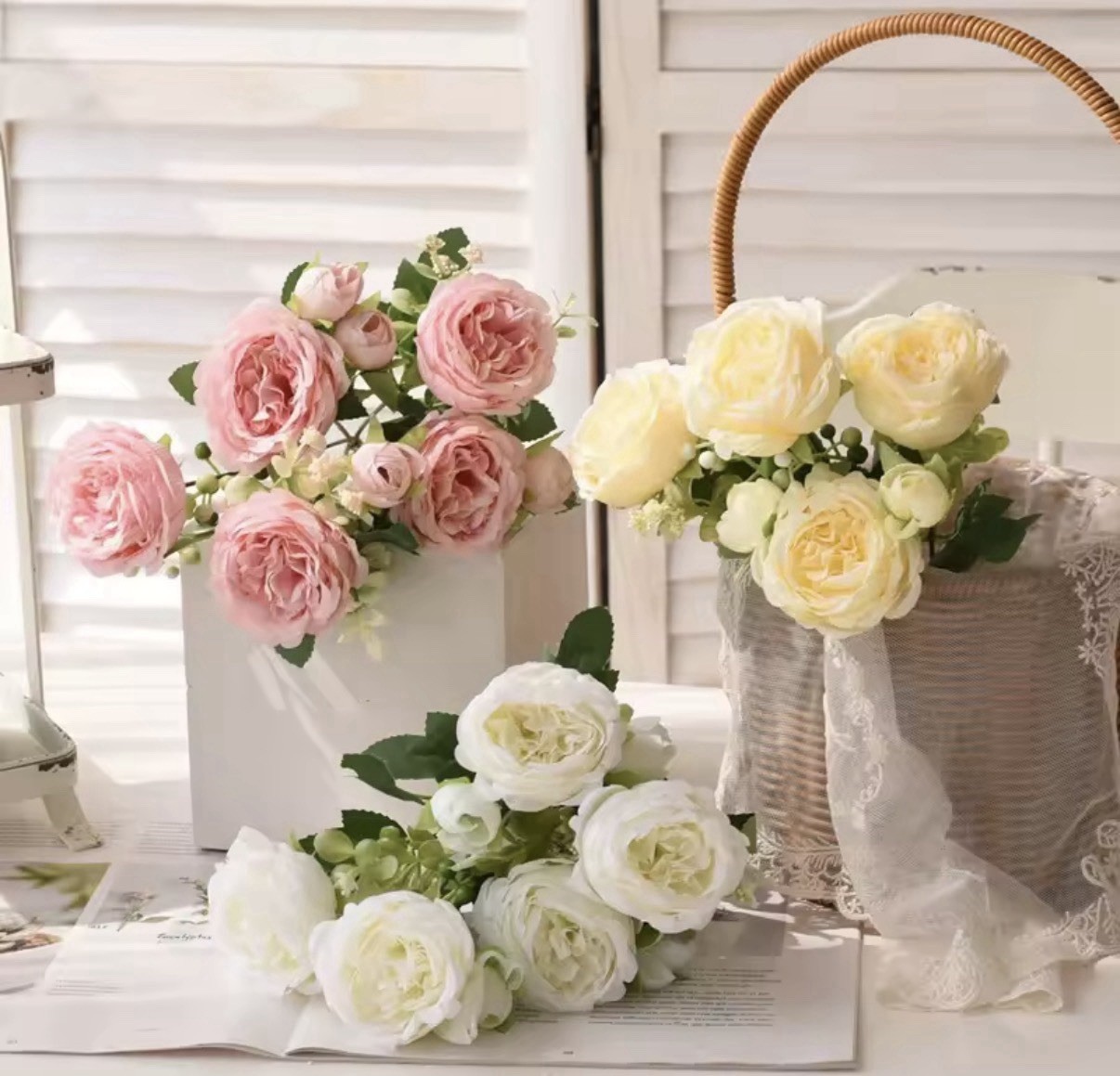 30cm Rose Pink Silk Bouquet Peony Artificial Flower 5 Big Head 4 Small home Deco