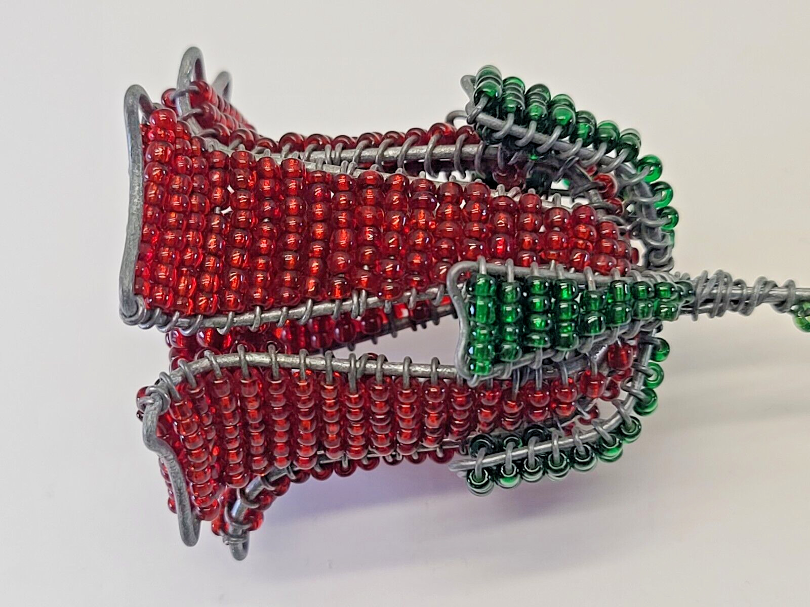 Red Rose Bud Vintage Glass Bead Long Stem Wire Folk Art Sculpture Beaded Flower