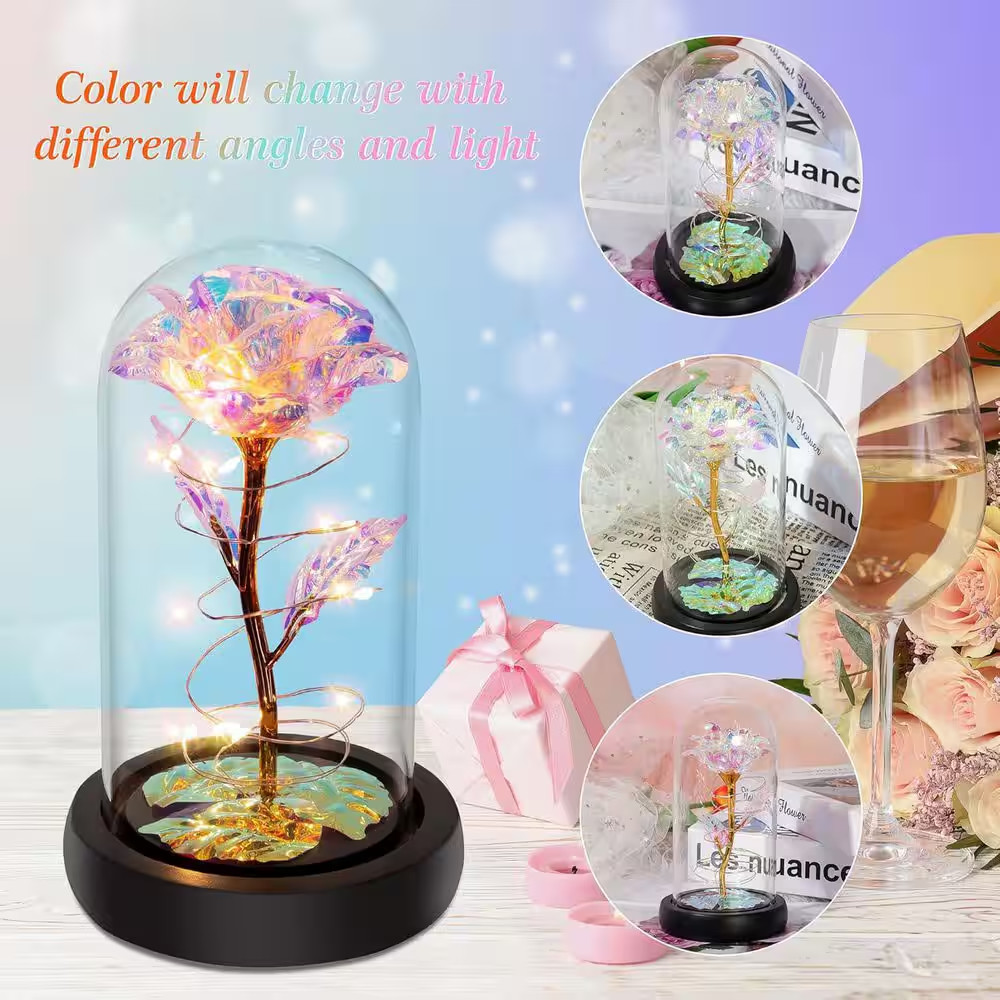 6.1 In. H Colorful Artificial Rose in Glass Dome with LED Lighting for Women