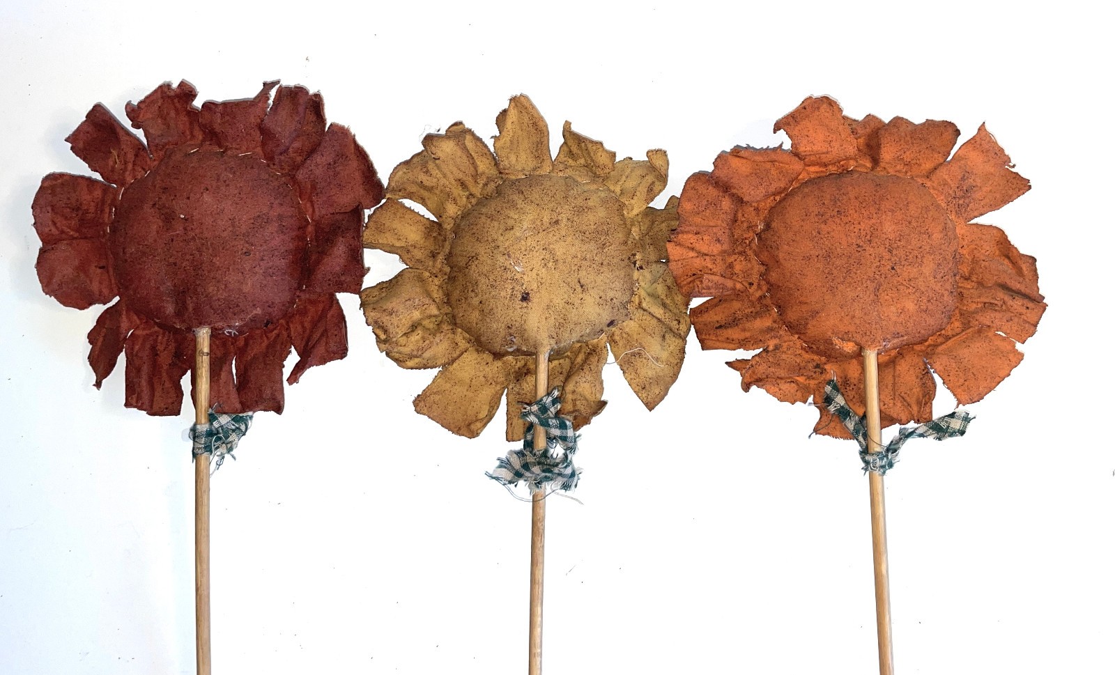 3 Handmade Primitive-Style Fabric Sunflower Floral Picks 12-13″