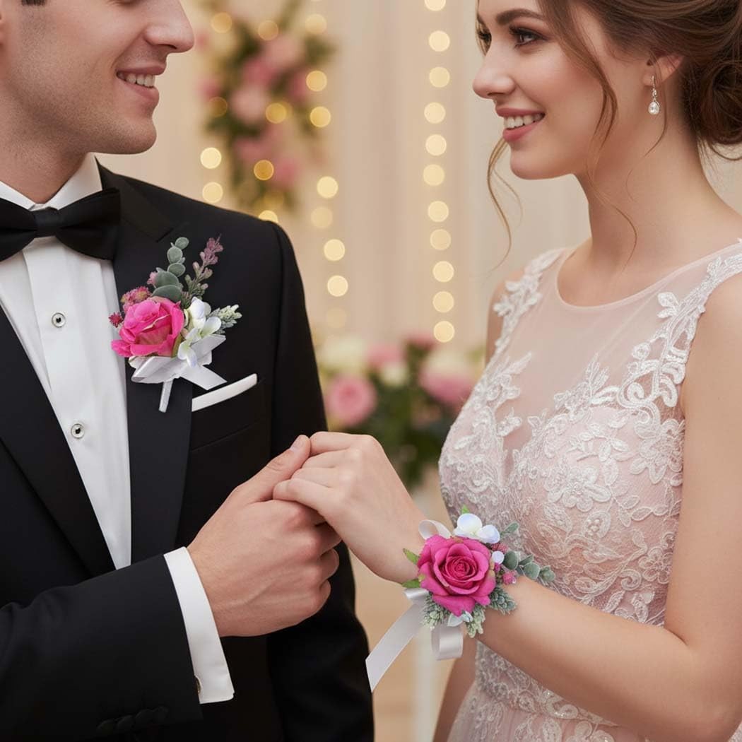 Pink Wrist Corsage Boutonniere Set Prom Wedding Bridesmaid Groom Accessories