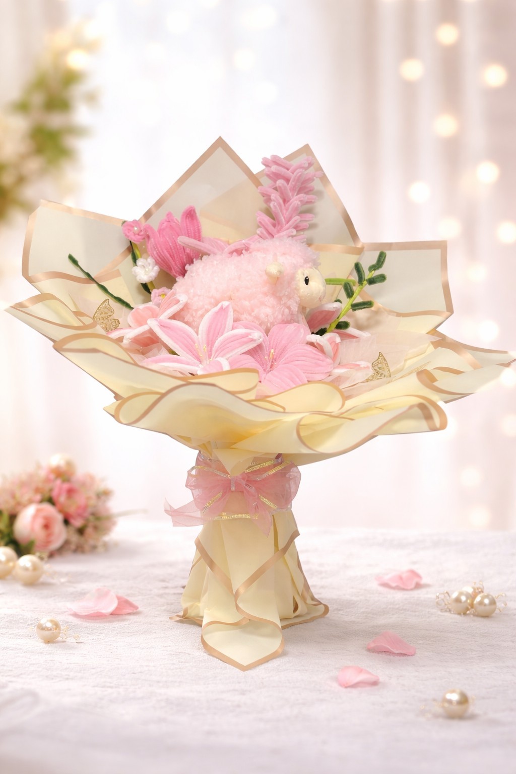 Artificial Pink Cream Flower Bouquet with Plush Toy Door Decoration Arrangement
