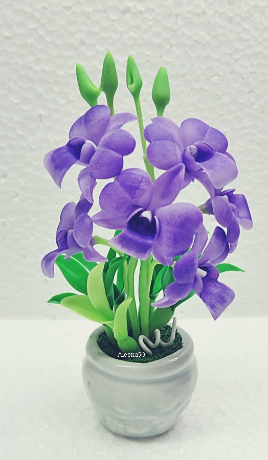 US Stock 4″H Handmade Air-Dry-Clay Miniature Dendrobium Orchid Arranged in Pot