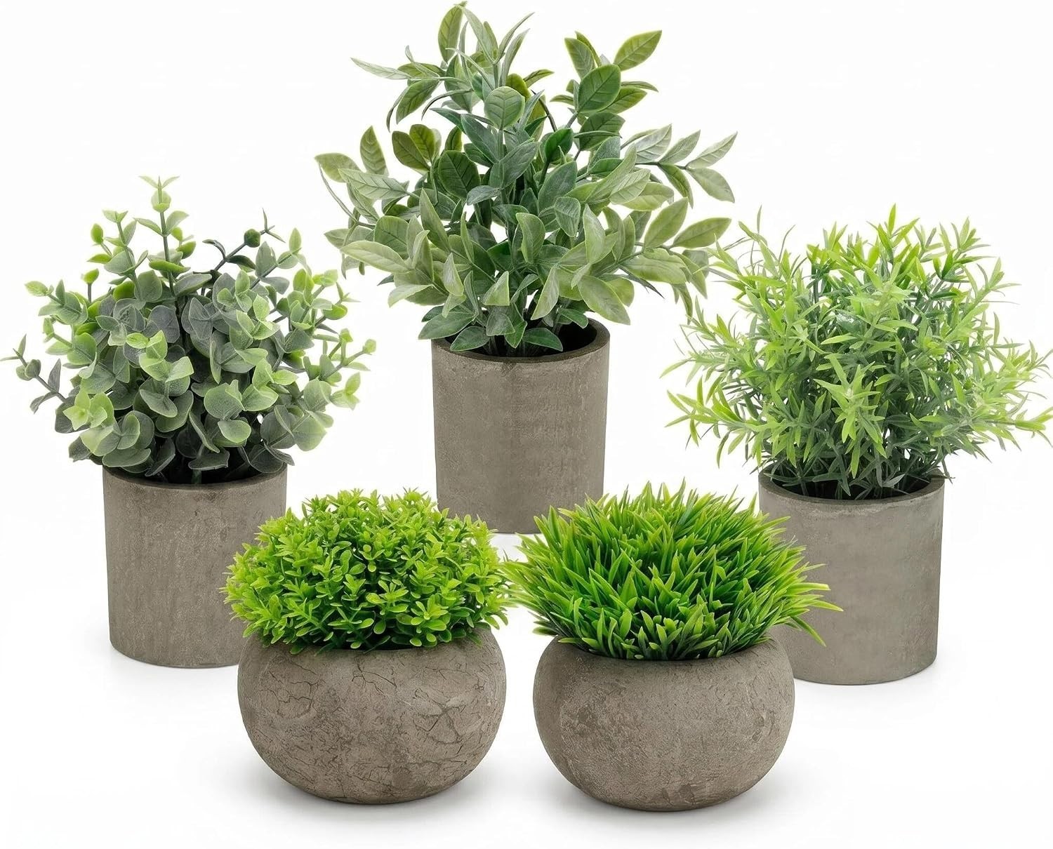 Chic Round Leaf & Grass Artificial Plants – 5 Potted Greenery for Office or Home