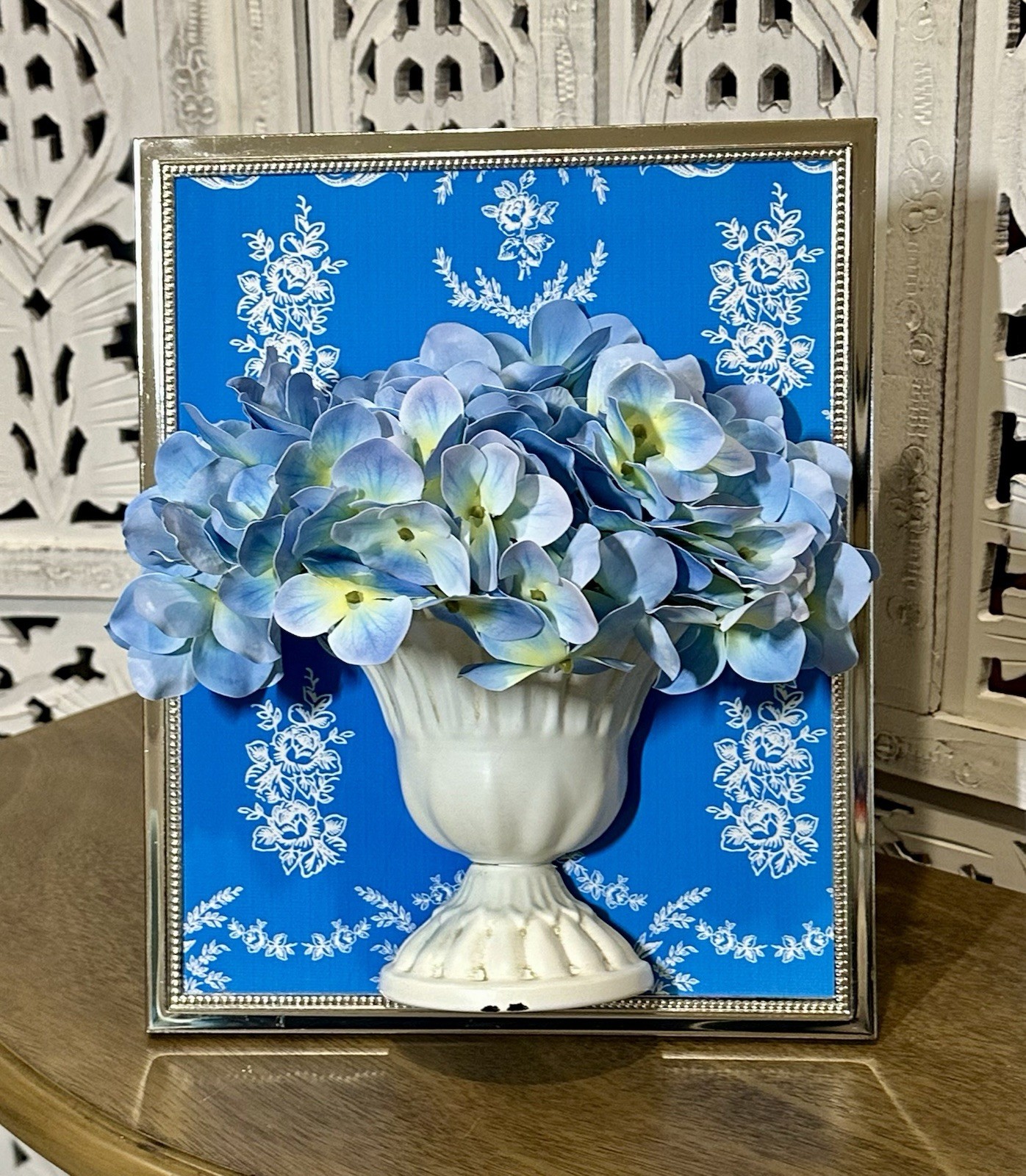 3D Artistry Handmade Blue Hydrangeas in Distressed Metal Urn Framed Florals