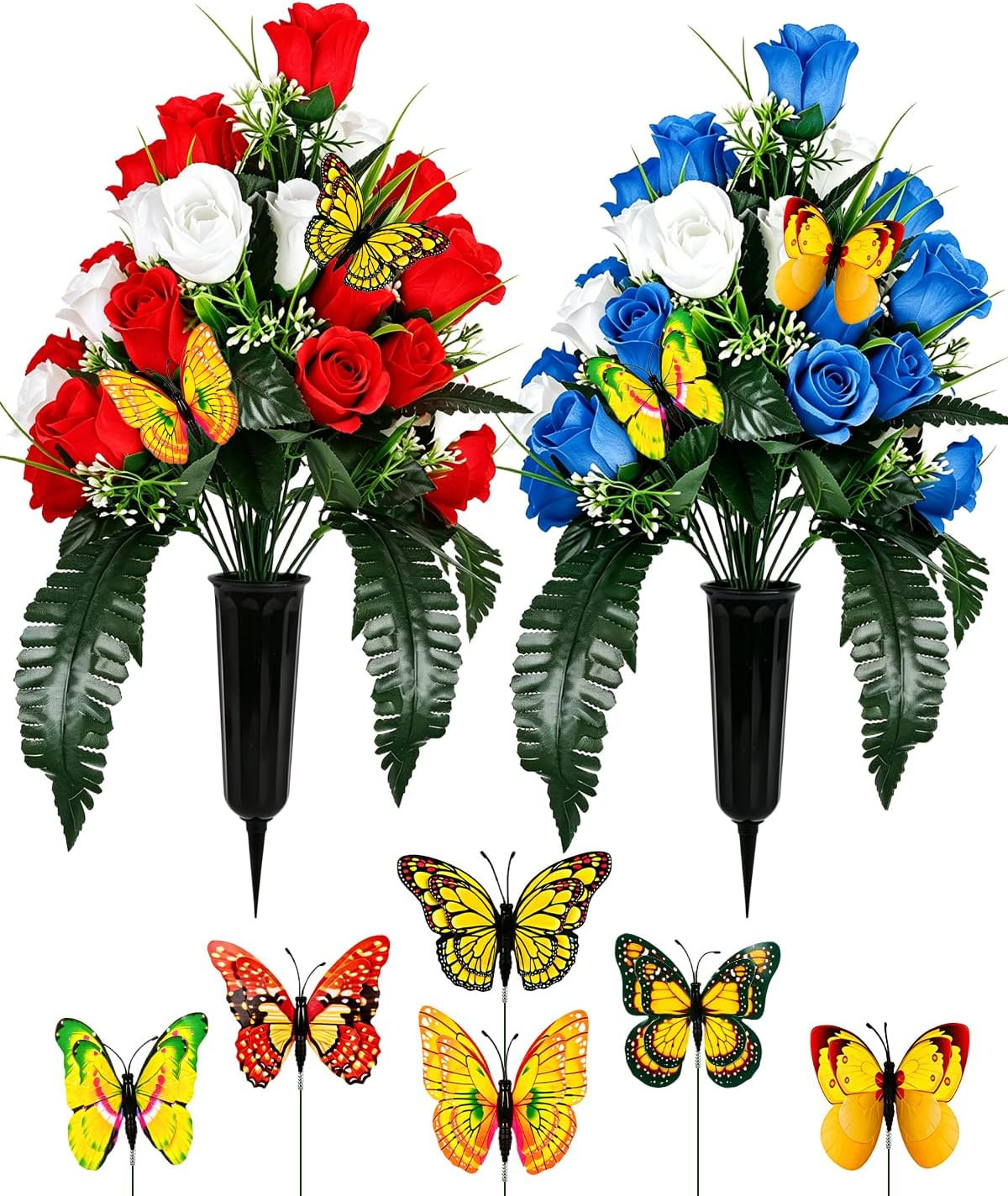 2PCS Artificial Cemetery Flowers for Grave with Vase, Blue, Red & White Rose Mem