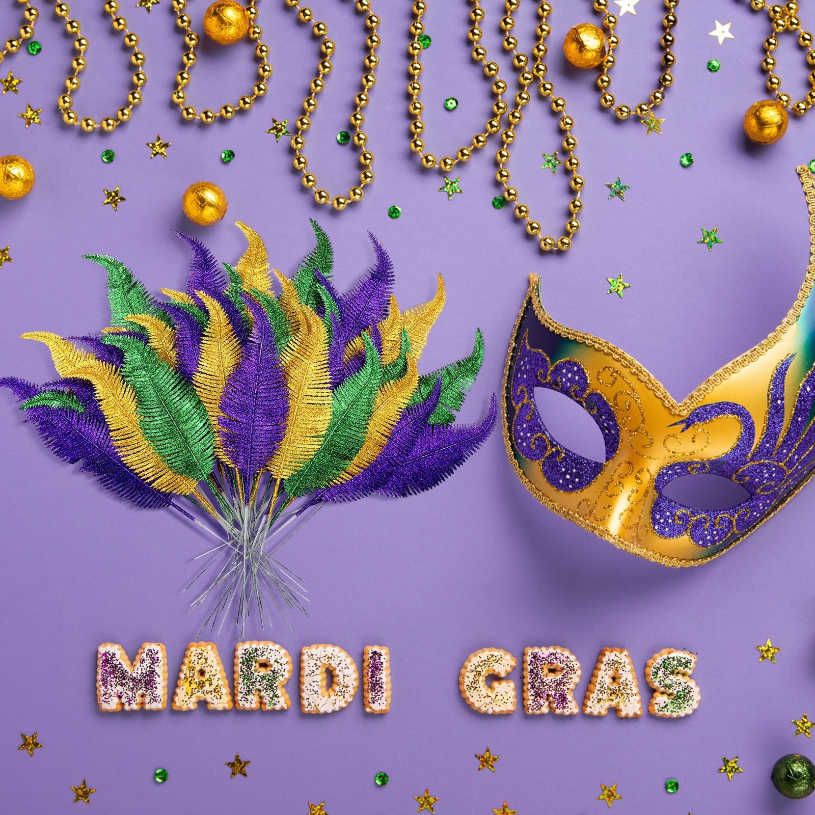 48 Pcs Mardi Gras Glitter Leaves Feather 13.4” Faux Sparkly Feather Leaves M…