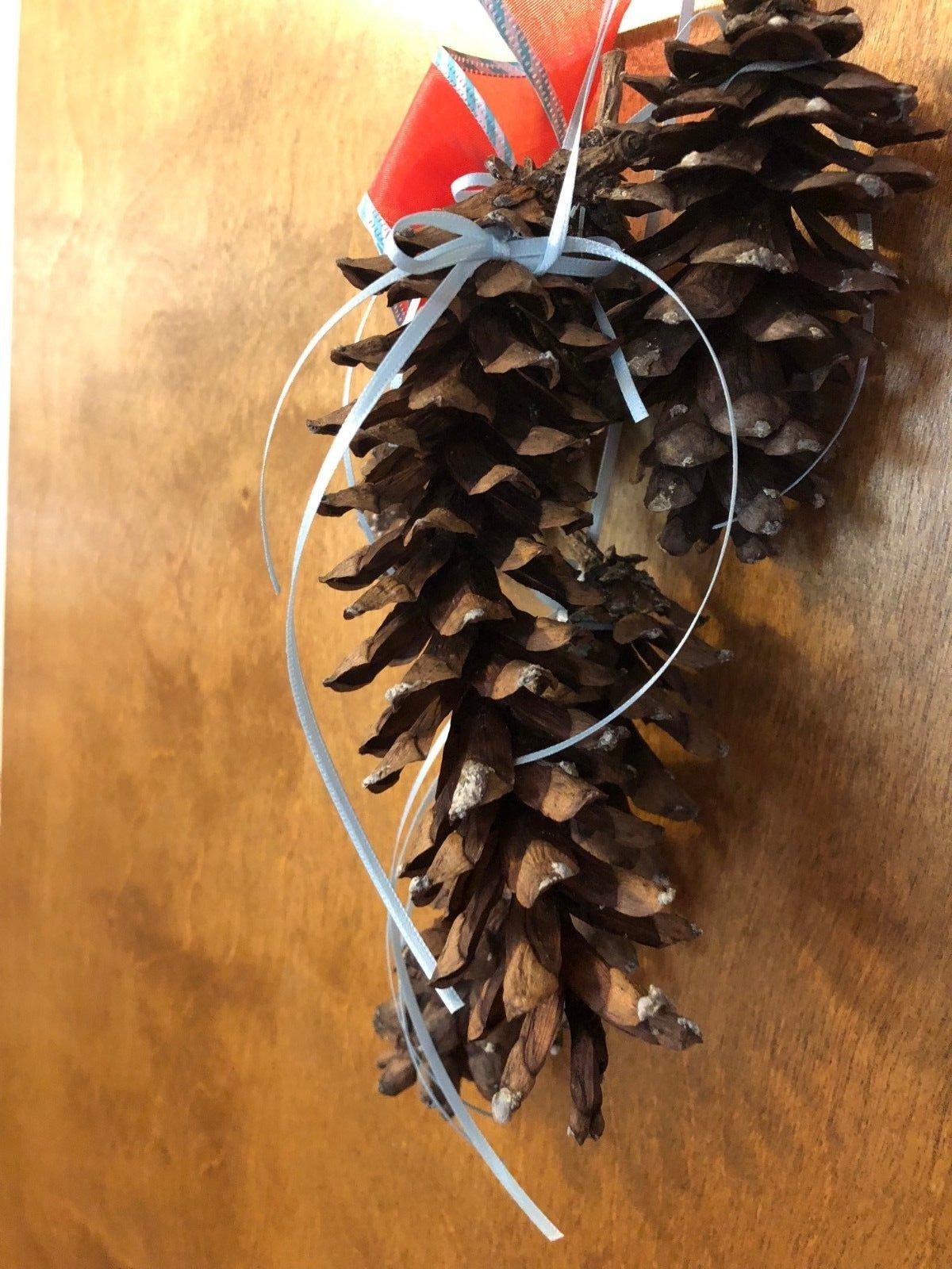 * Christmas Pinecone Tear Drop Door Swag Wreath White Poinsettia Red bow