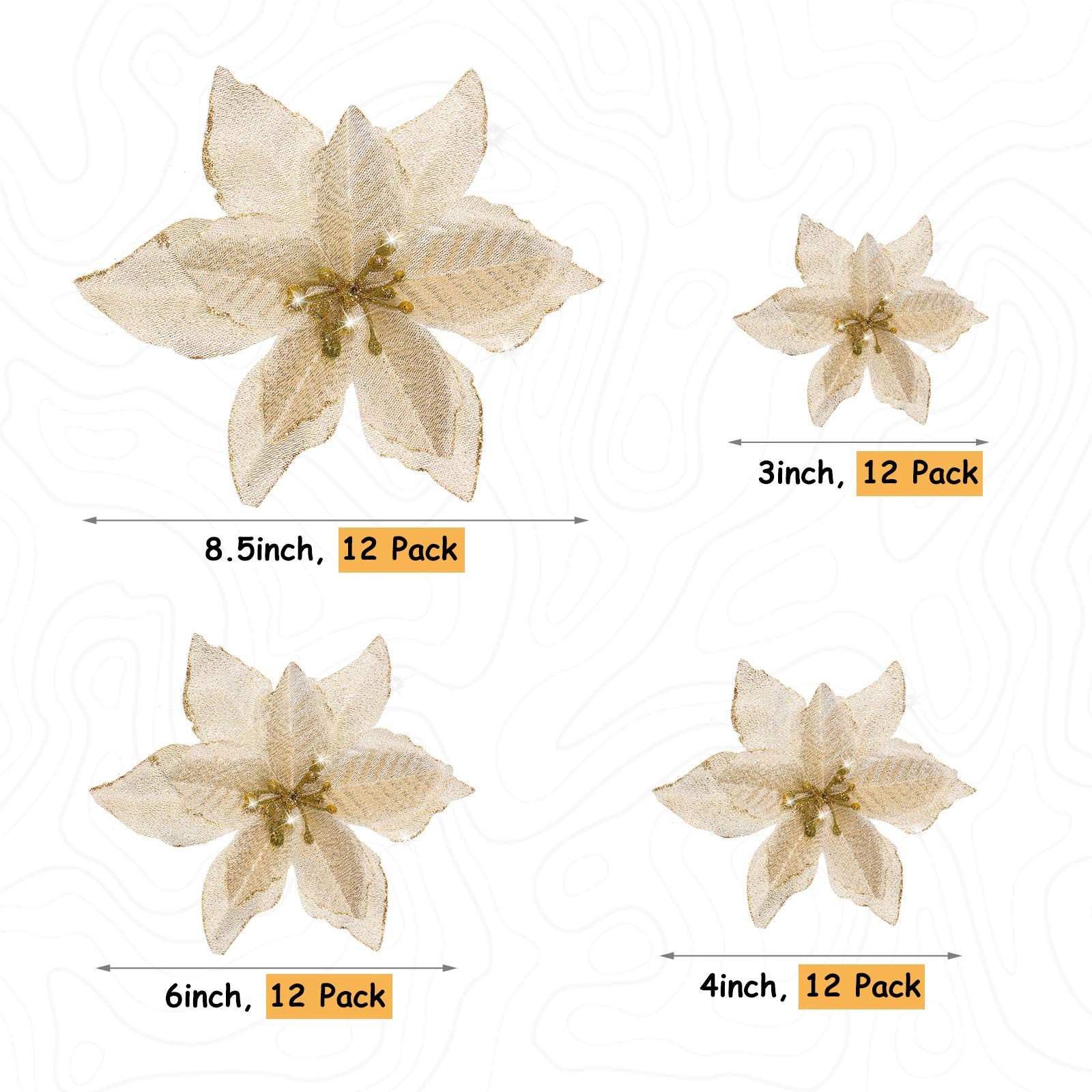 48 PCS 4 Size Christmas Glitter Poinsettia Artificial Flowers Gold Ornaments