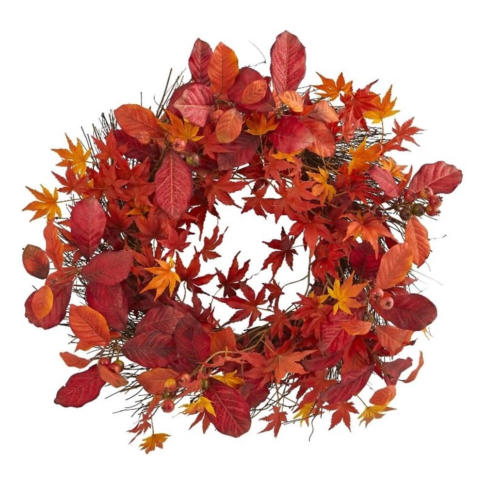 Nearly Natural 22″ Japanese Maple Magnolia Leaf & Berries Wreath in Red