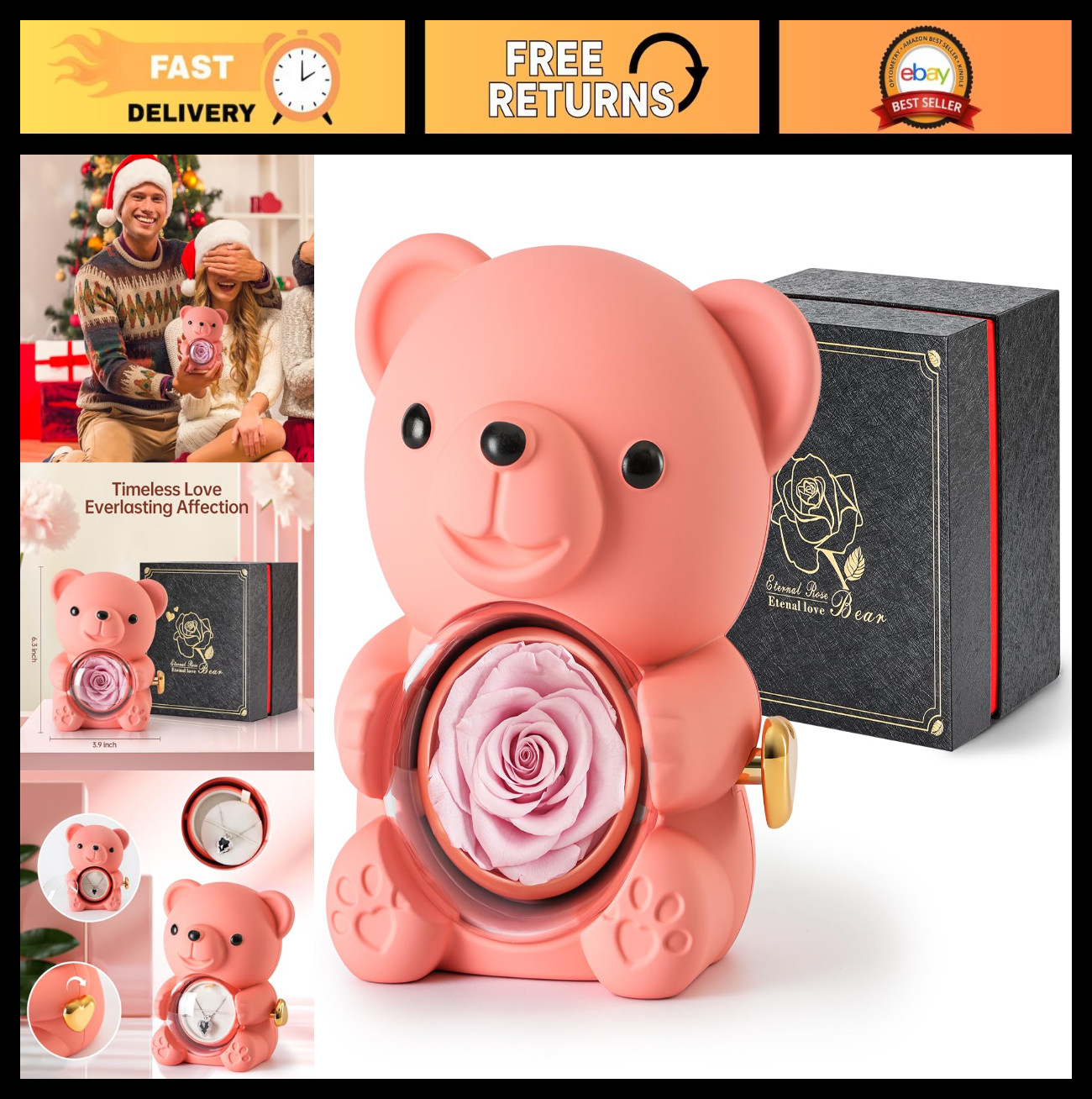 Adorable Teddy Bear with Real Preserved Rose – Elegant Gift Box for Mother’s Day