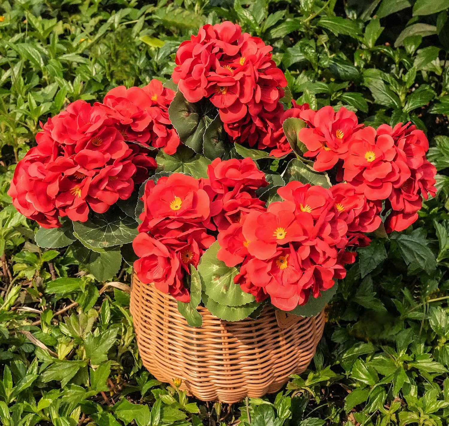 UV Resistant Artificial Red Geraniums – 4 Bundles for Indoor/Outdoor Decor