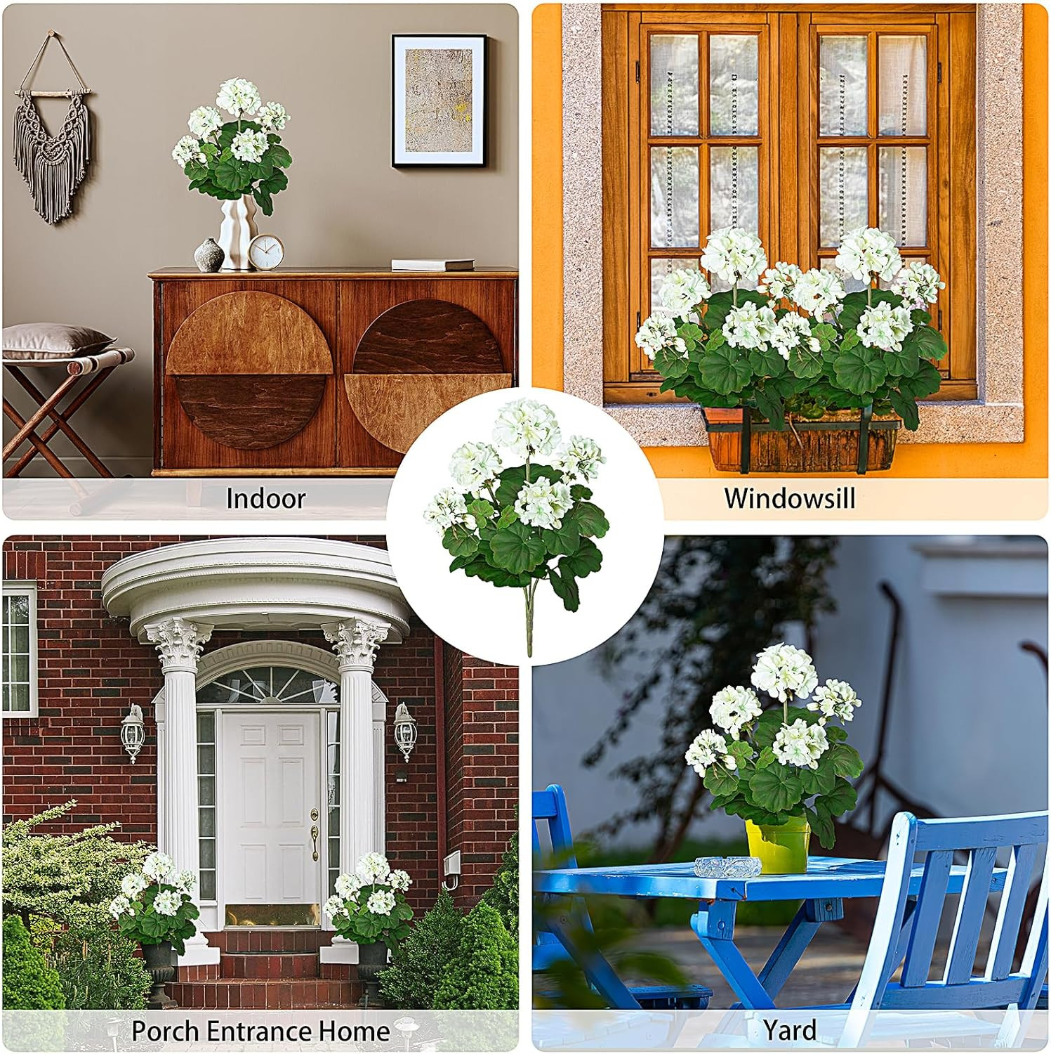 2 PCS 18″ Artificial Geraniums for Outdoors, UV Resistant White Silk Flowers for