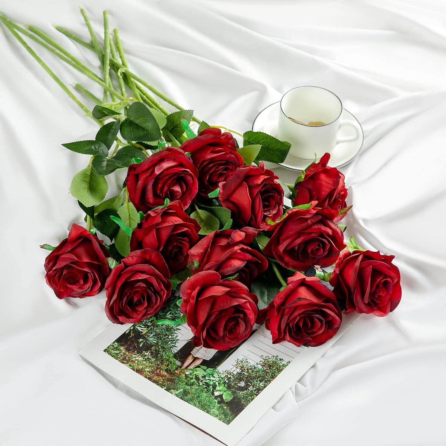 12PCS Maintenance-Free Burgundy Roses – Realistic Silk Flowers for Centerpieces