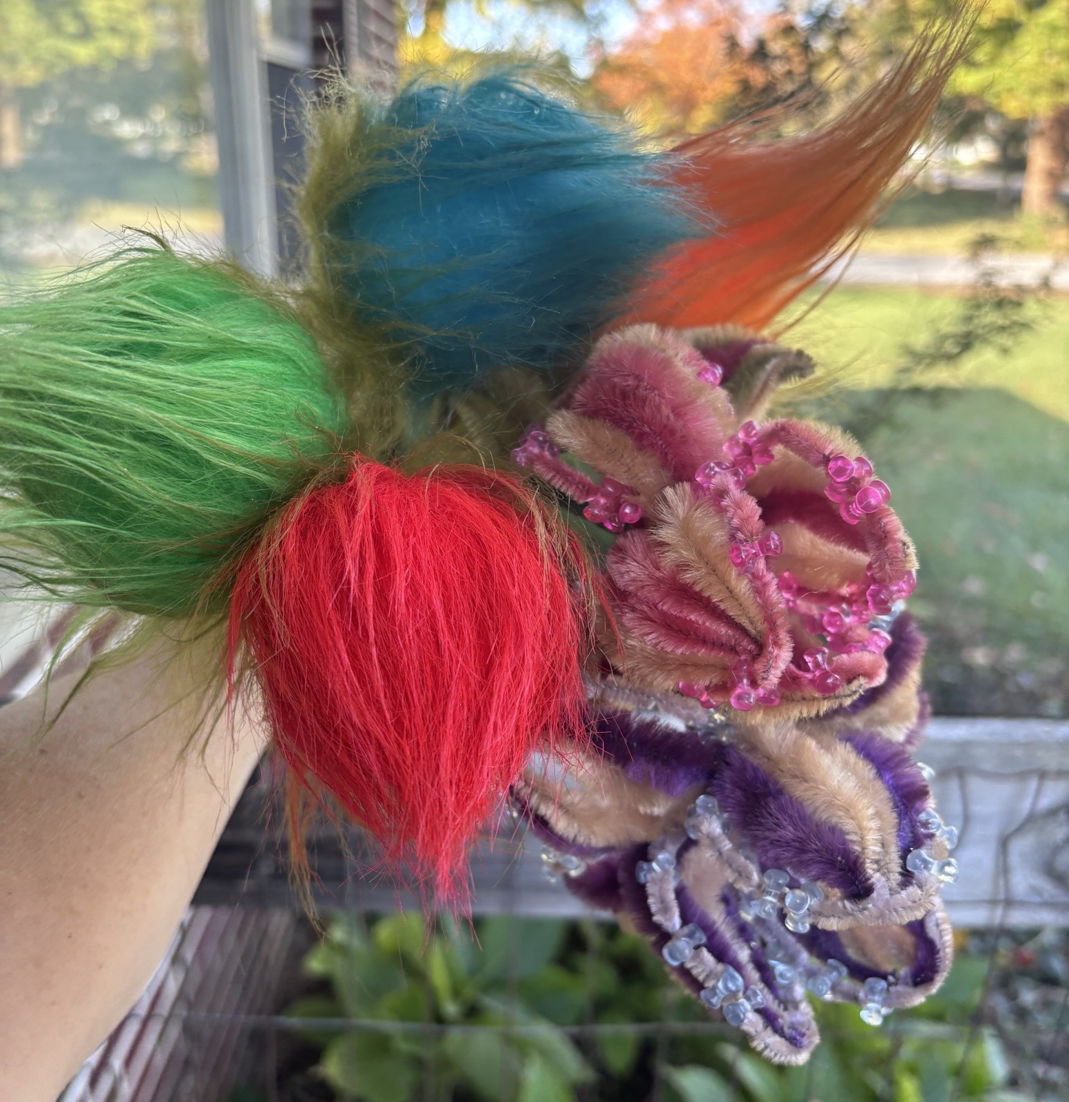 Vintage Handmade Flower Bouquet Beads Pipe Cleaner Troll Hair Whimsical Fantasy