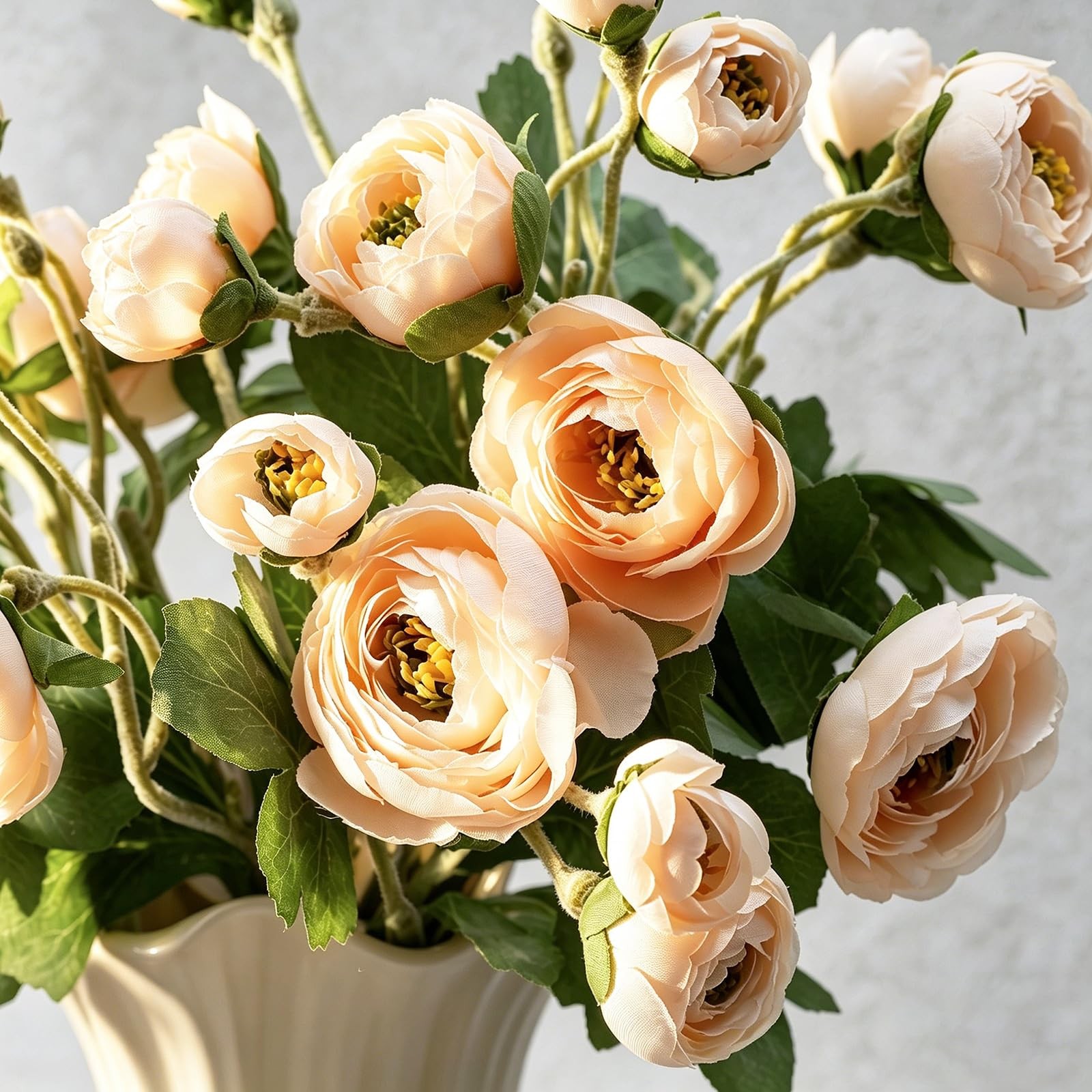 4 Pcs 7 Heads Artificial Ranunculus Flowers 18.5″ Champagne Beige Velvet Floc…