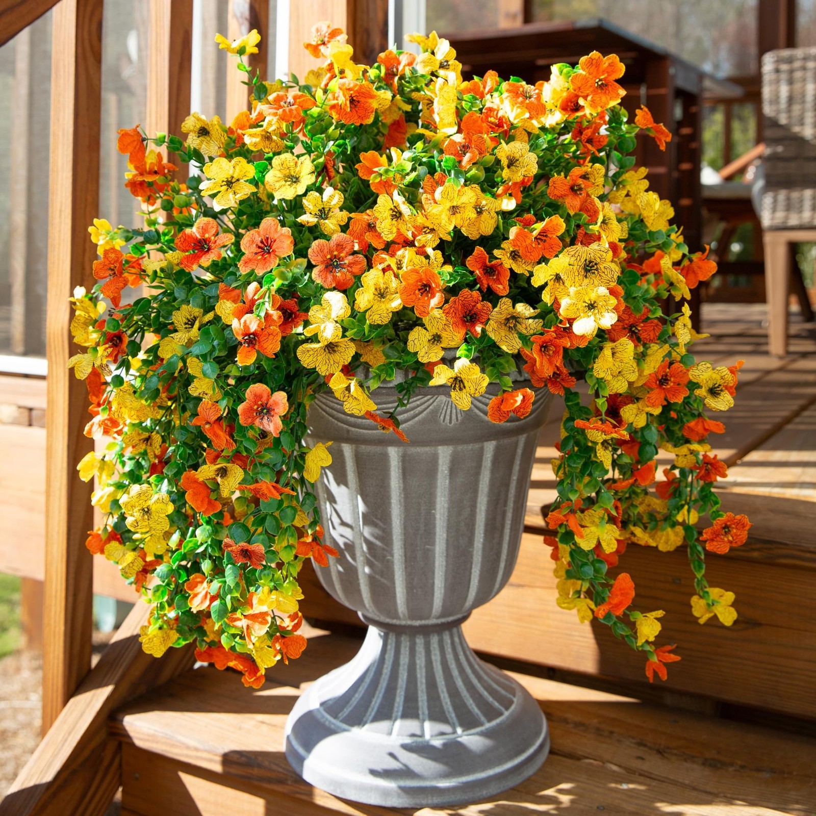 2Pcs UV Resistant Artificial Flowers – Silk Mums & Eucalyptus Hanging Plants Dec