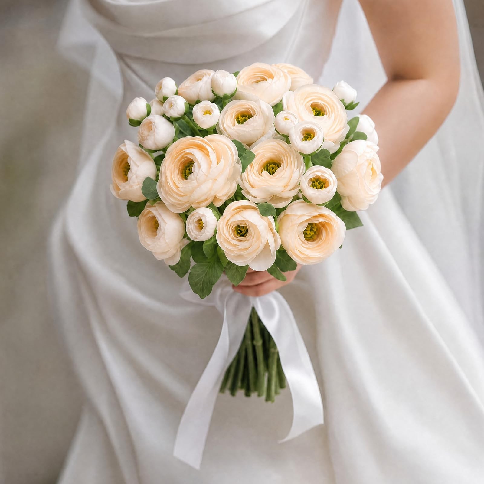 4 Pcs 7 Heads Artificial Ranunculus Flowers 18.5″ Champagne Beige Velvet Floc…