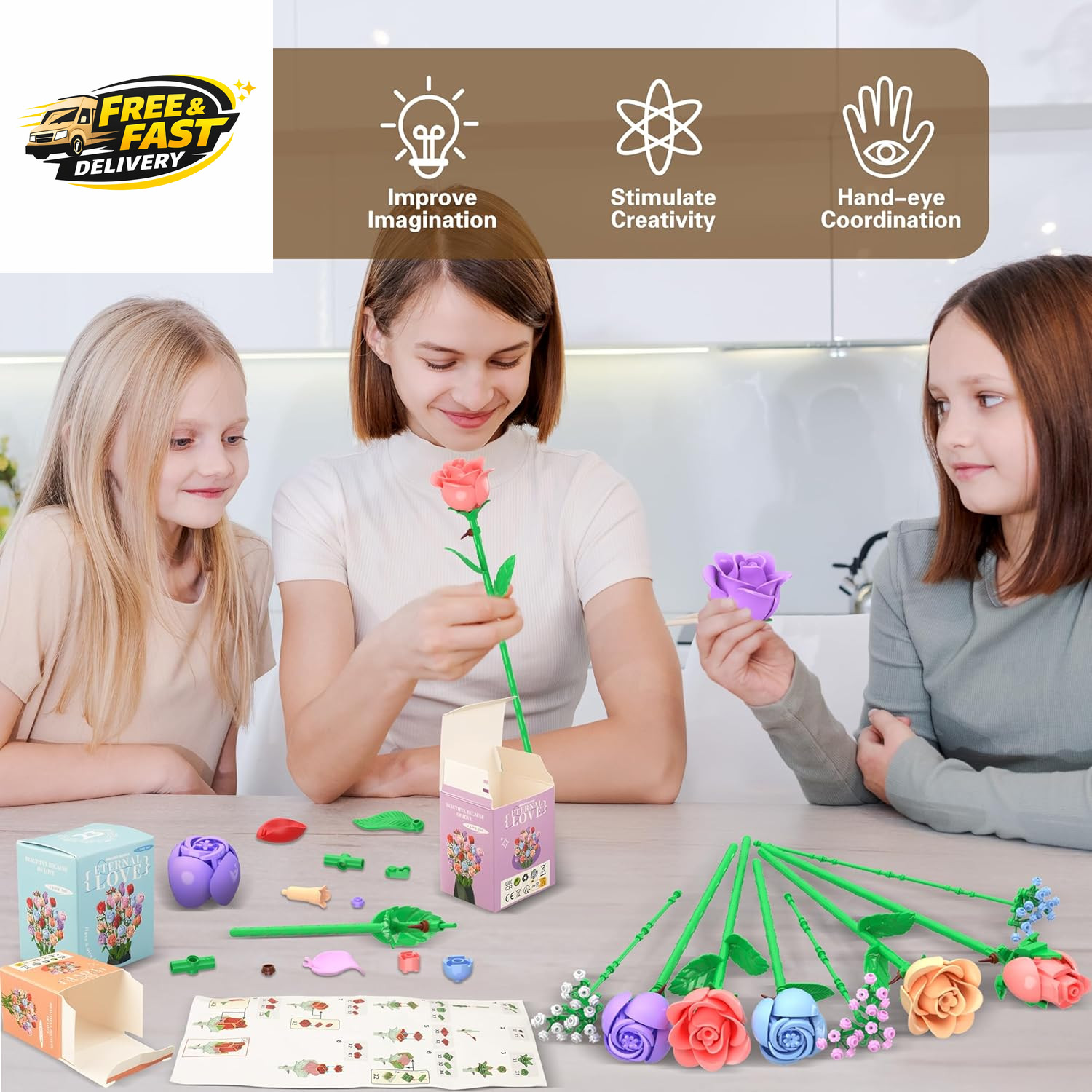 Colorful Rose Bouquet Flowers Building Set, 24 Boxes 1380Pcs Artificial Flowers