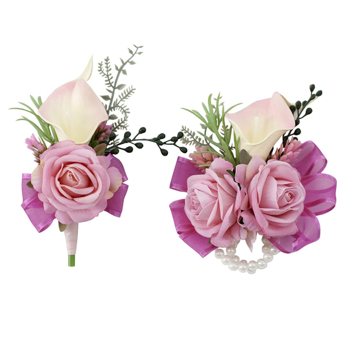 Soft Rose Pink Corsage and Boutonniere Set for Wedding Prom, Artificial Calla Li