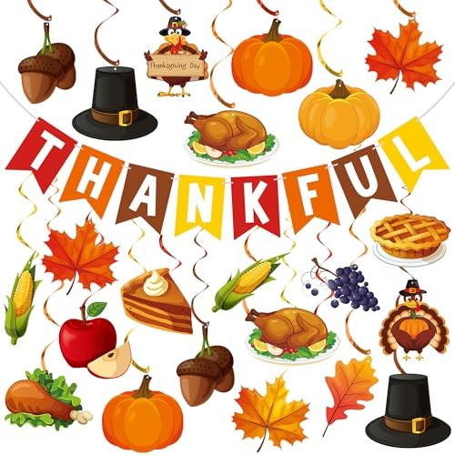 Thanksgiving Decorations Pre-strung Thankful Banner Turkey Pumpkin Maple