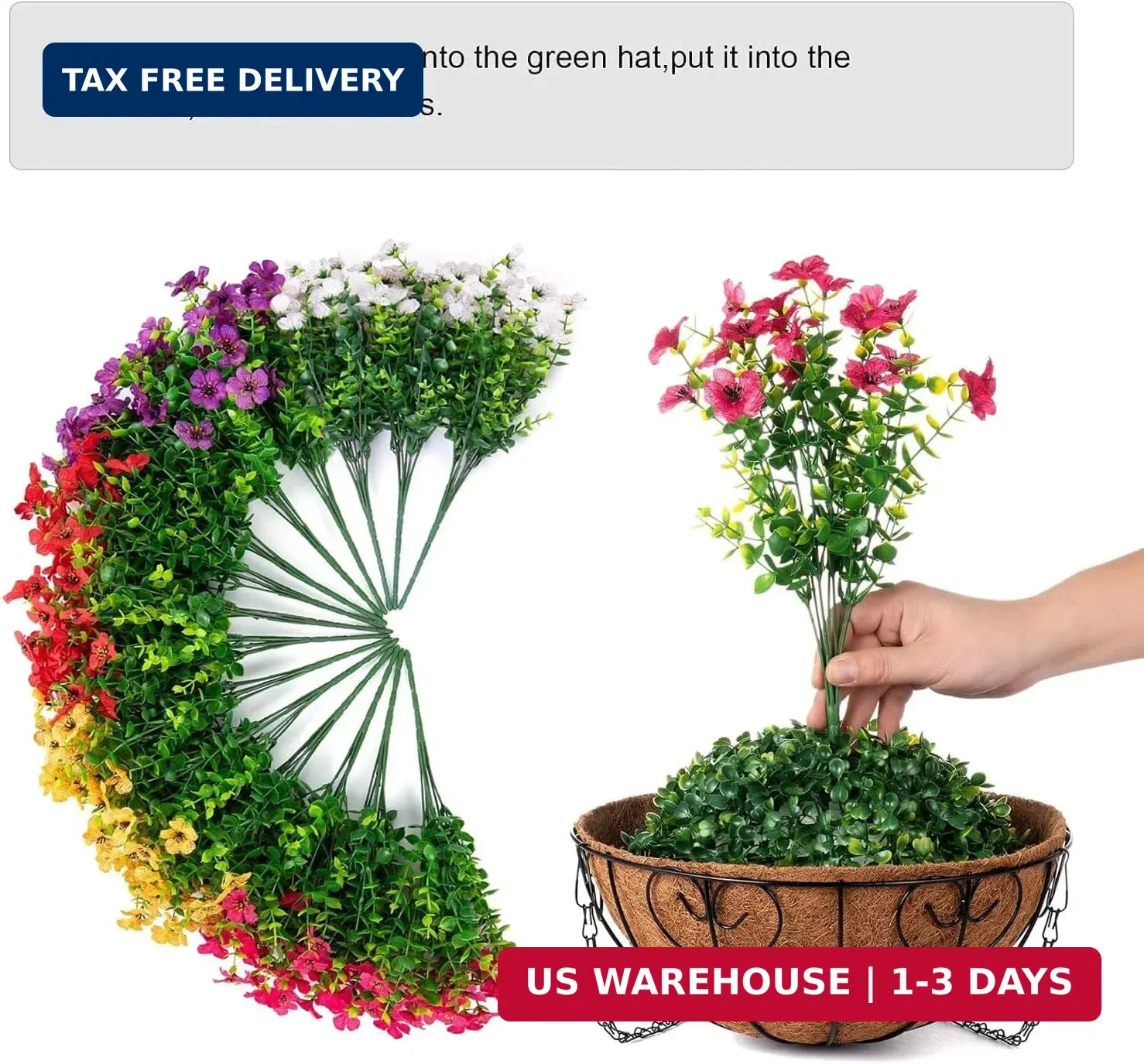 HyeFlora Artificial Faux Hanging Plants Flowers Basket for Summer Outdoor Outsid
