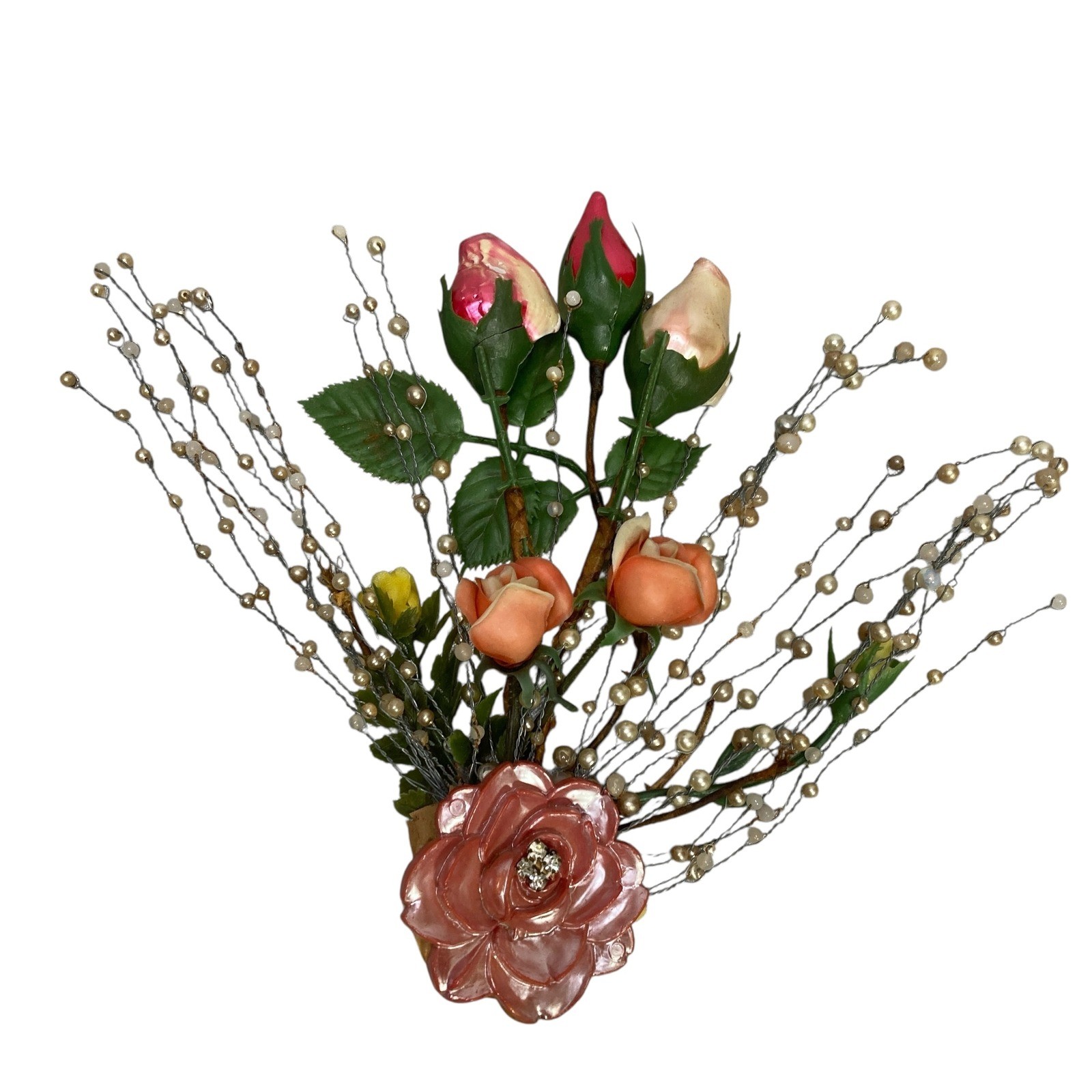 VTG Floral Arrangement Roses Pearl Beads Decorative Bouquet Display Handcrafted