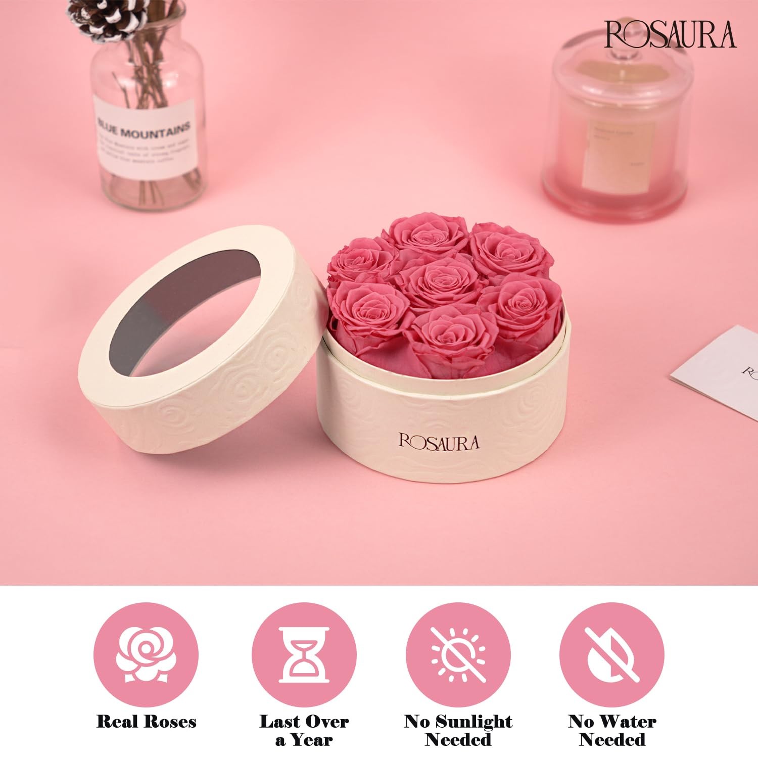 Preserved Roses Gift Box Real Forever Flowers Round Case Pink 7 PCS Rose