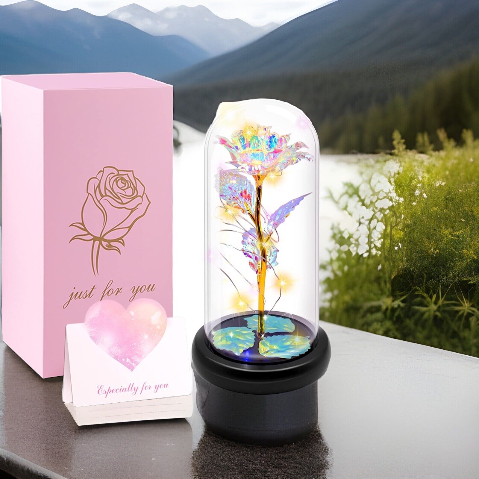 Valentines Gift For Her w/Greeting Card, Colorful Light Up Rose in A Glass Dome