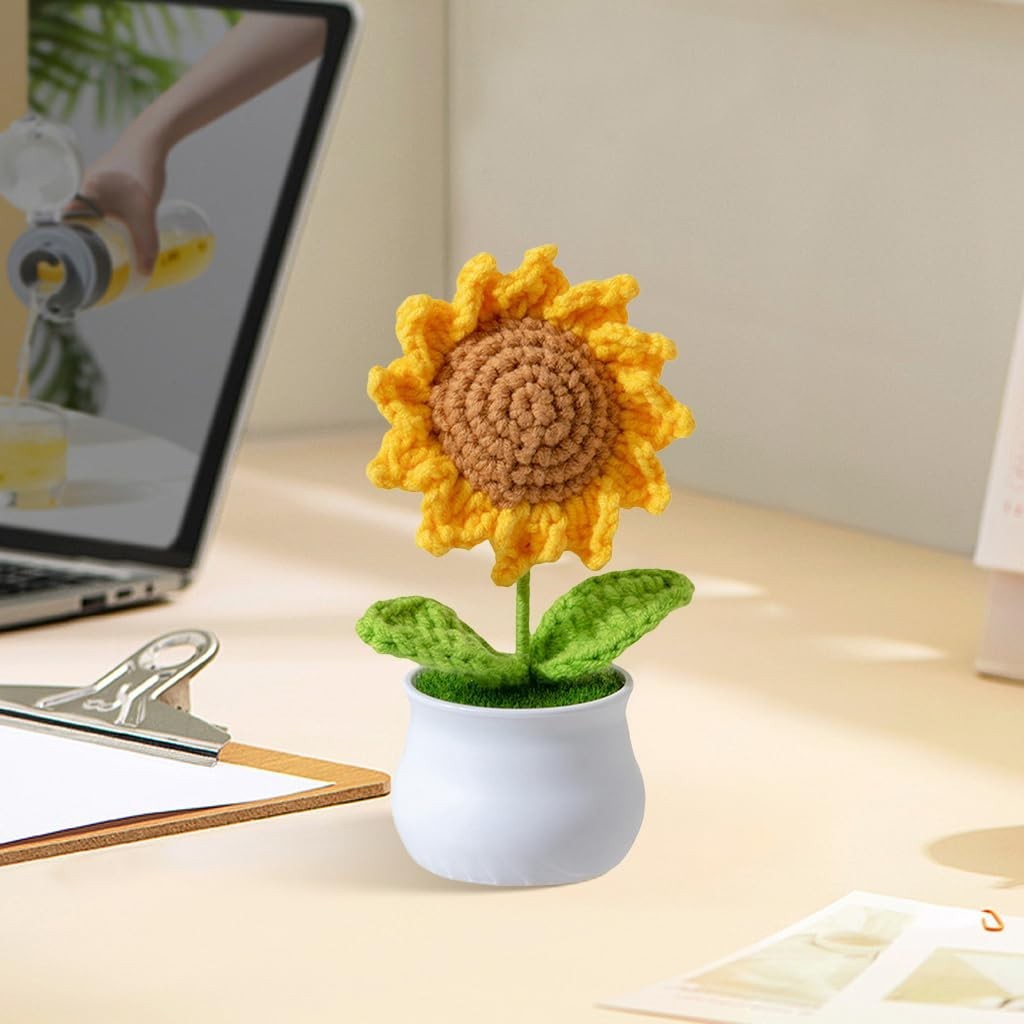 Desk Decor Small Sunflower Flower Pot Handmade Crochet, Book Shelf, Table Top
