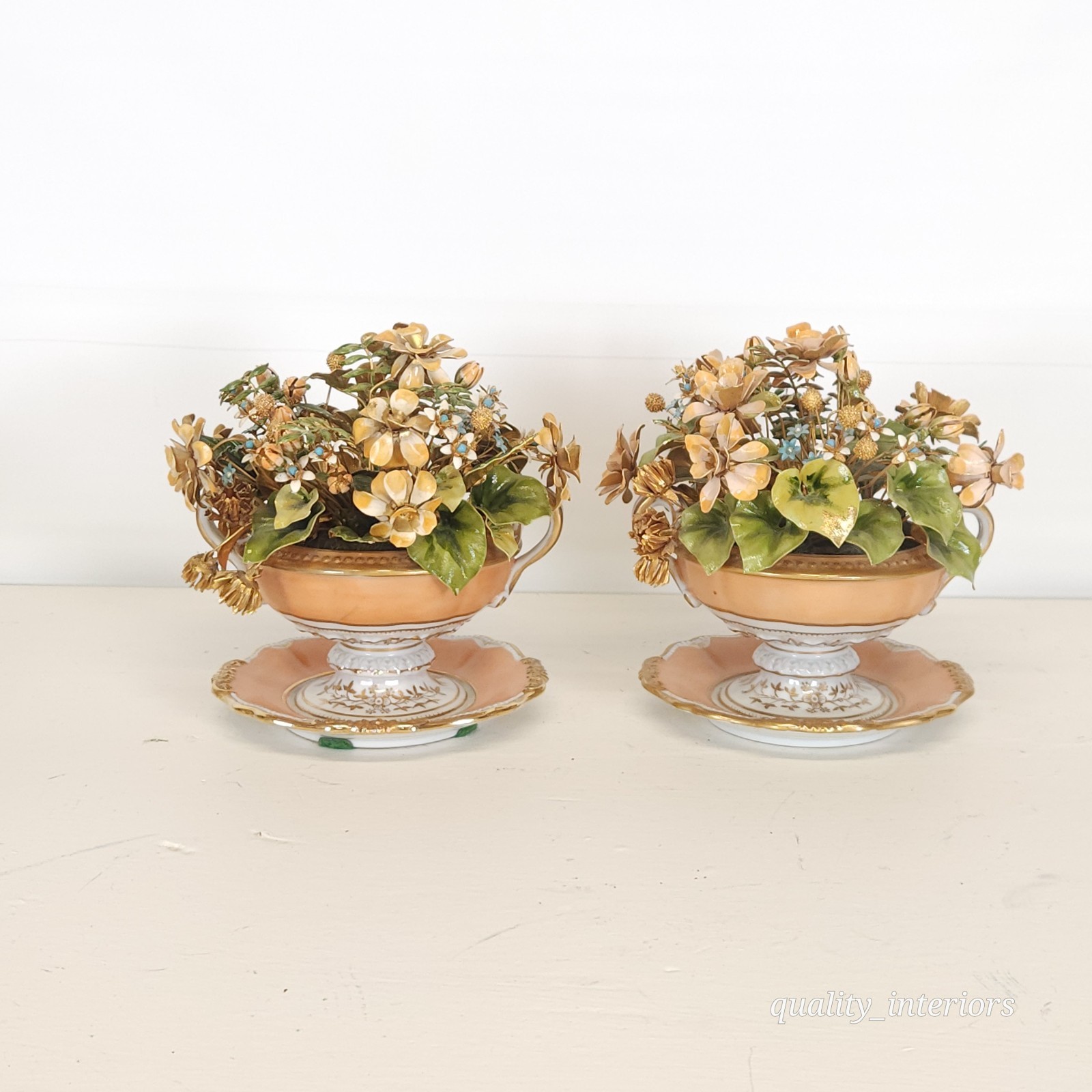 Pair Jane Hutcheson for Gorham Apricot Teacup & Saucer Floral Arrangement