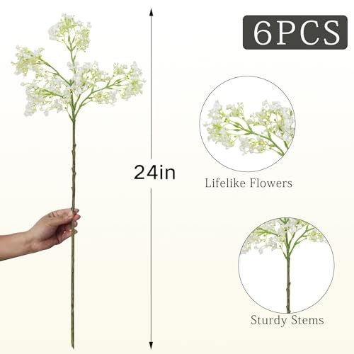 6PCS Green Baby’s Breath Stems, 24 Inches | Realistic Faux Gypsophila White