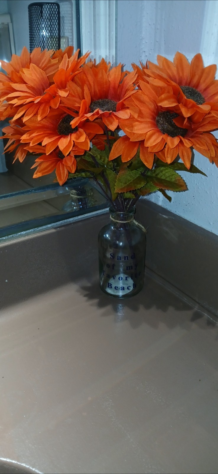 Artificial Silk Orange Sunflower Flower Arrangement in Glass Bottle Vase, Green