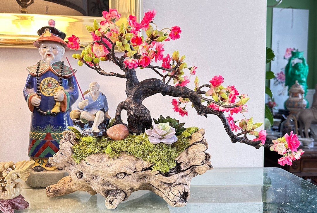 Bonsai Planter Artificial Bonsai Cherry Blossom Tree With Chinese Mud Man Realis