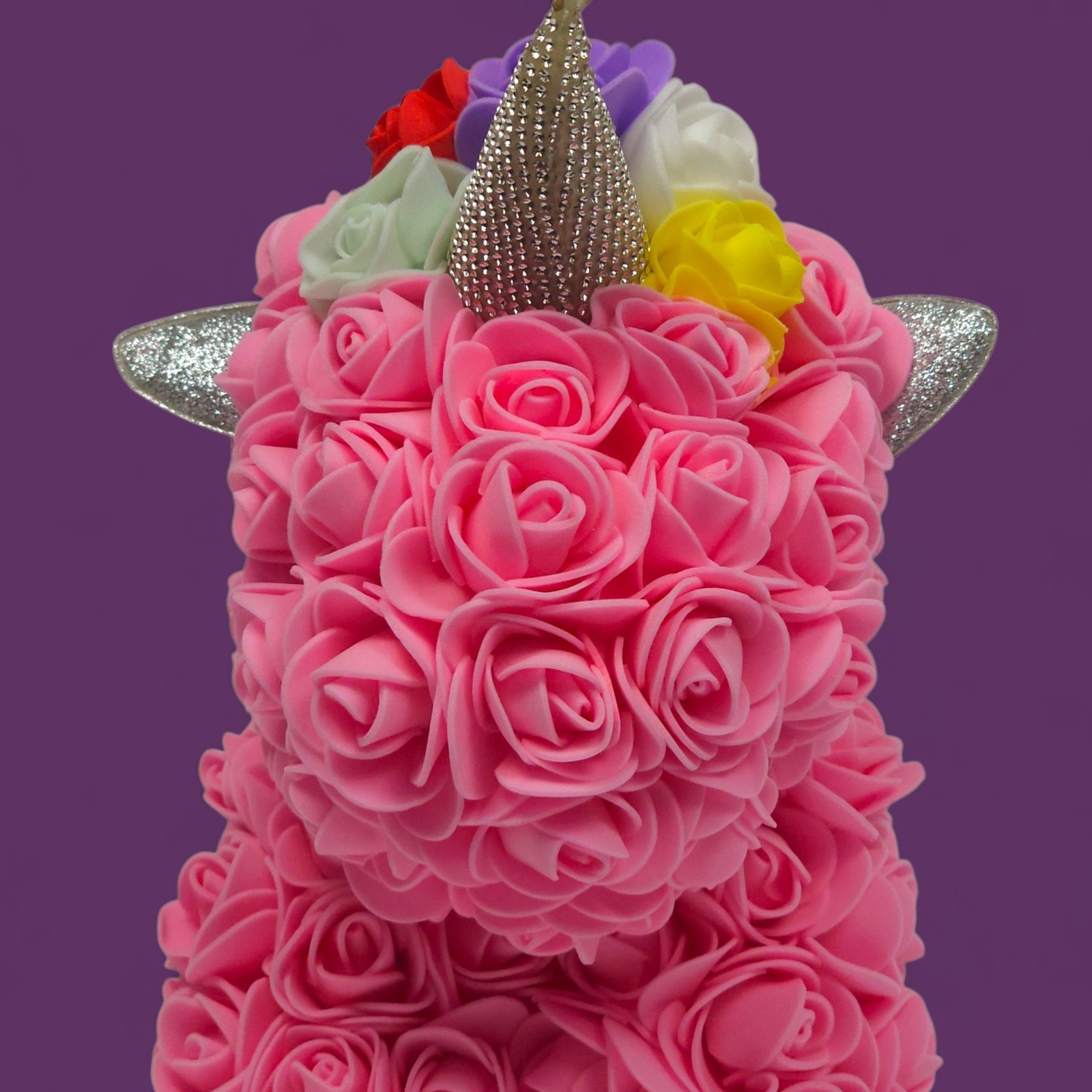 Rose Unicorn Gift – Pink Foam Flowers, Rainbow Mane, “Just For You” Box Damaged