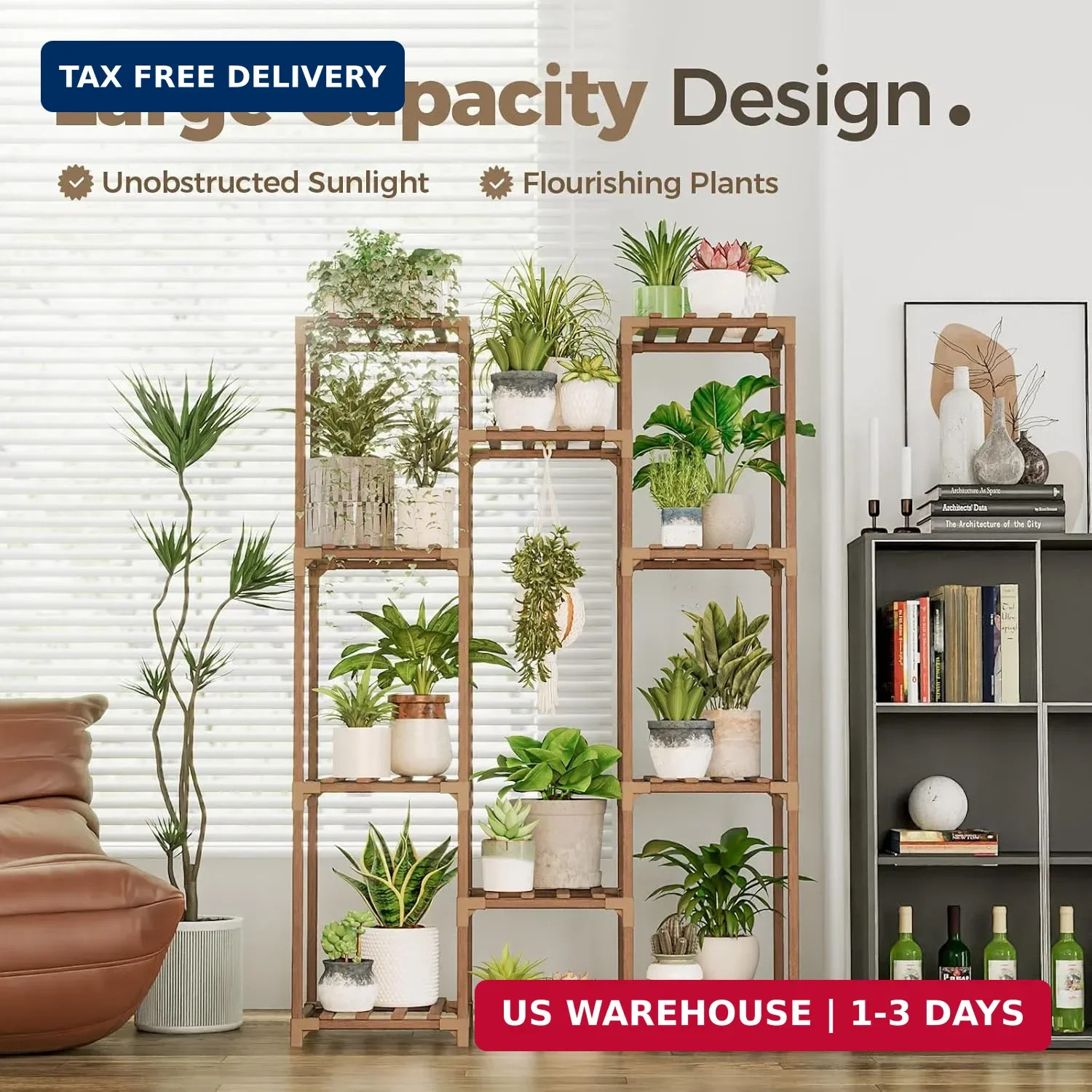 Bamworld Plant Stand Indoor Outdoor Tall Plant Shelf for Multiple Plants Pots Wo