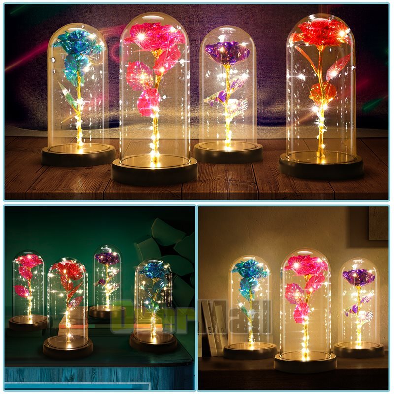 24K Gold Plated Dipped Rose Flower in glass dome Romantic Gift Love for mom girl
