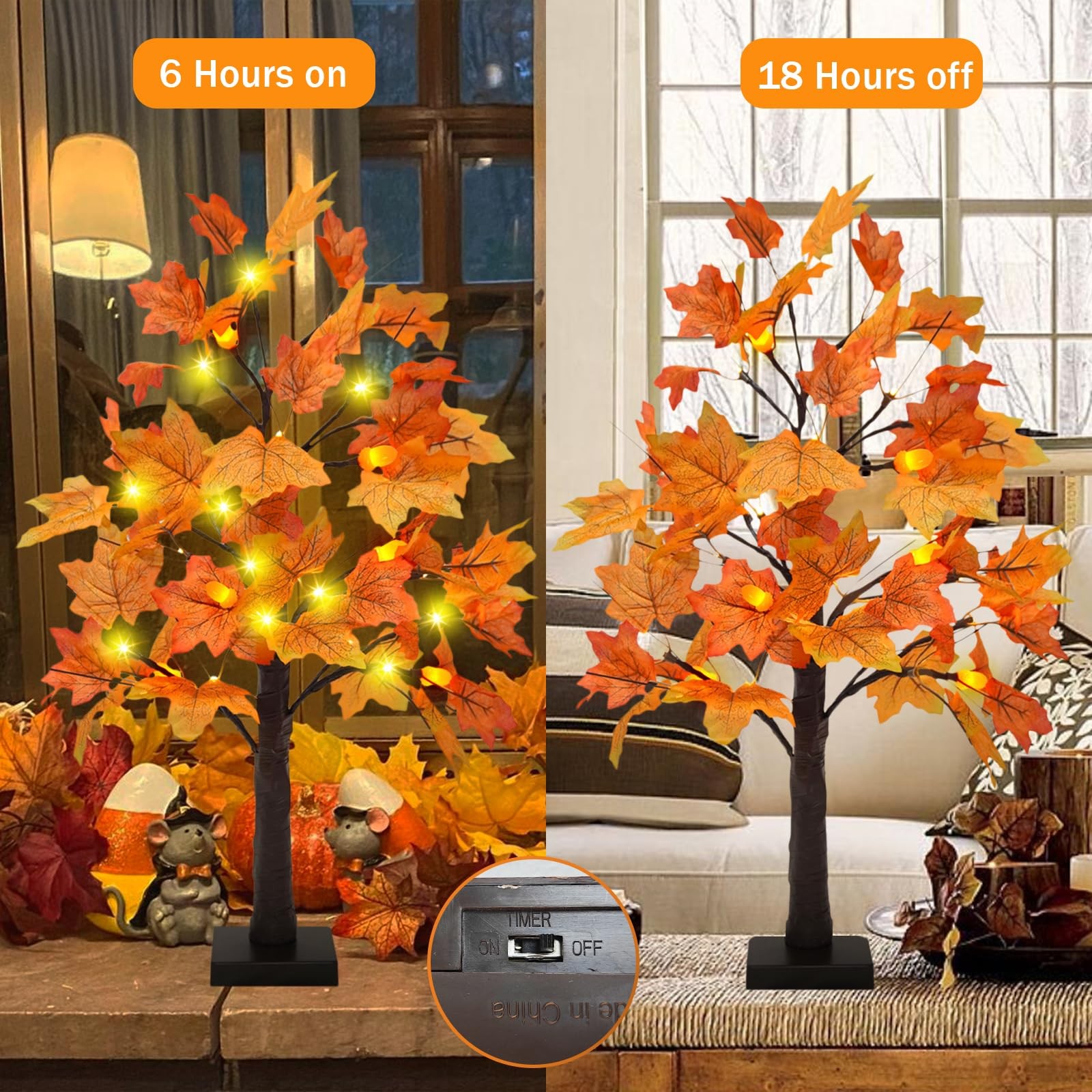 2 PCS 24 Lighted Artificial Fall Maple Tree 48 LED Pine Cones Timer